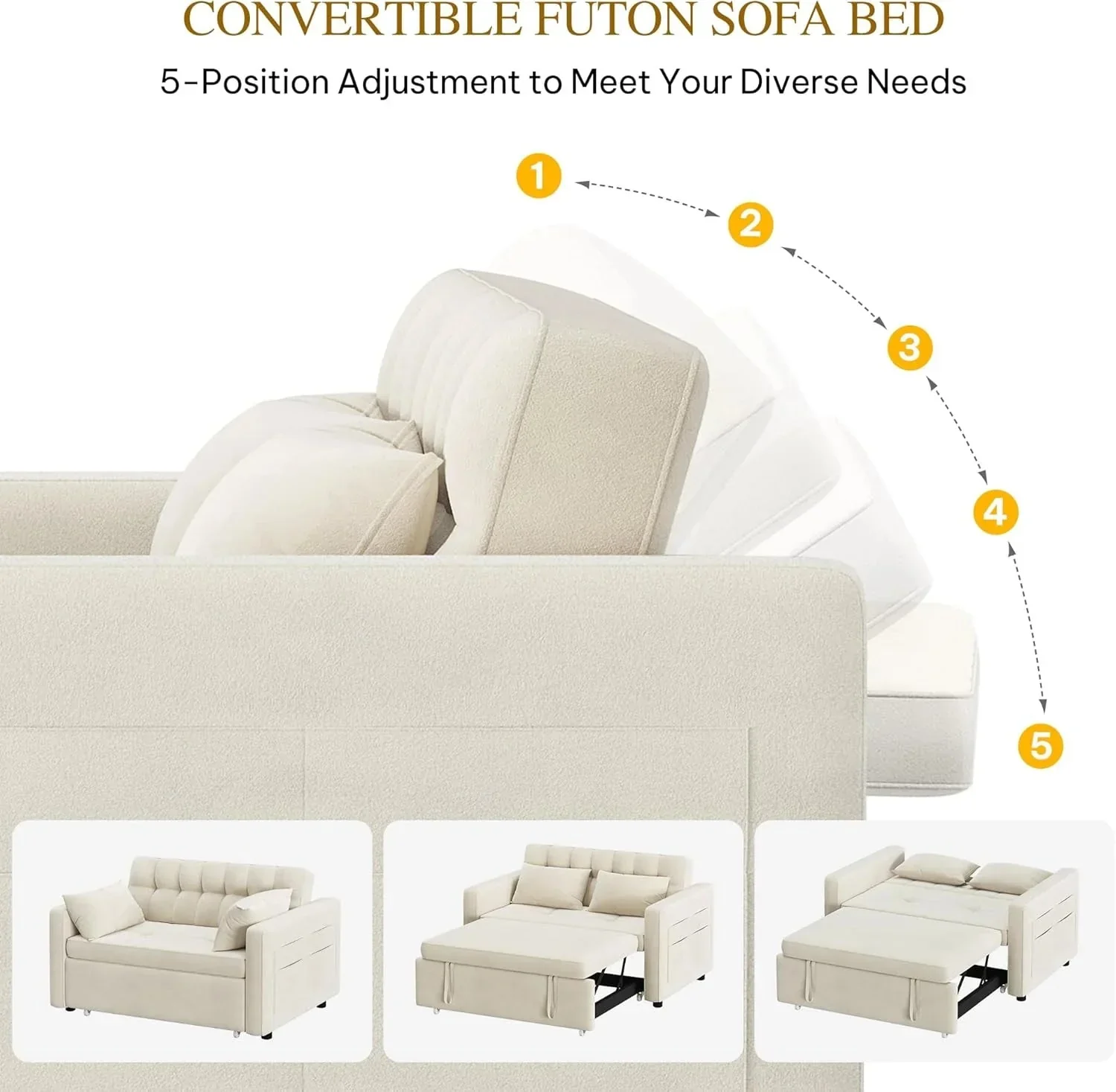 DWVO 3-in-1 Convertible Sofa Bed, 55" Sleeper Sofa with Pull-Out Bed, Cat-Scratch-Proof Fabric Futon Couch with Adjustable Backrest and Side Pocket, Loveseat for Living Room Apartment, Grey - Image 6