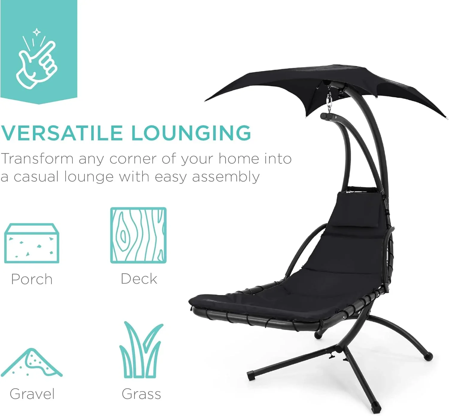 Best Choice Products Outdoor Hanging Curved Steel Chaise Lounge Chair Swing w/Built-in Pillow and Removable Canopy - Charcoal Gray - Image 120