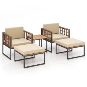 Slickblue 5 Piece Patio Furniture 2 Chair 2 Ottoman Set and 1 Natural Acacia Wood Square Coffee Table with Beige Cushions Included for Patio Backyard Poolside