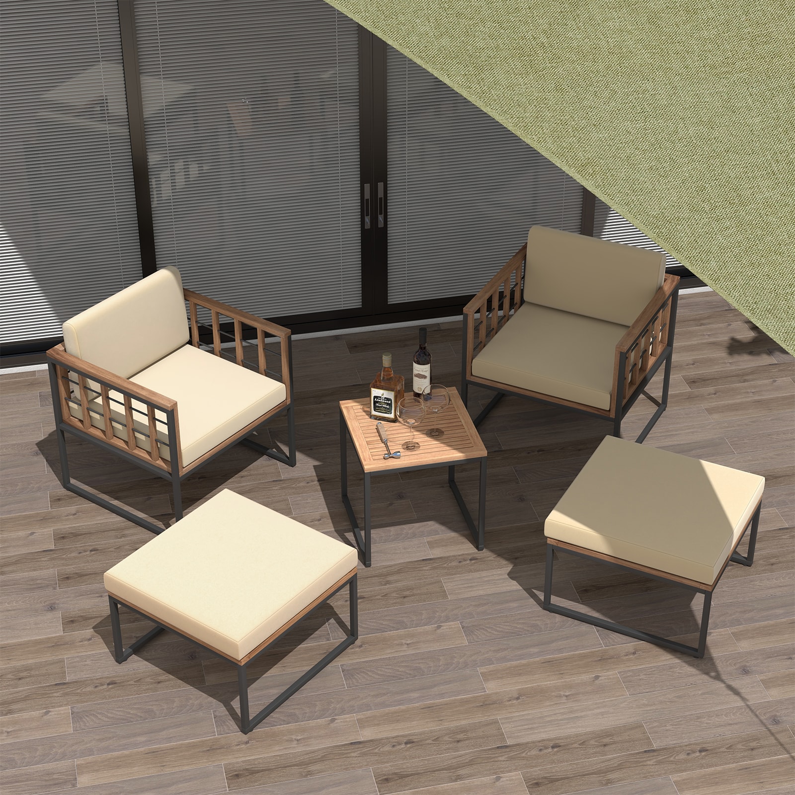 Slickblue 5 Piece Patio Furniture 2 Chair 2 Ottoman Set and 1 Natural Acacia Wood Square Coffee Table with Beige Cushions Included for Patio Backyard Poolside - Image 5