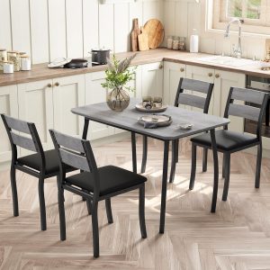 Garvee 5 Piece Dining Table Set for 4 Modern Kitchen Table and 4 Chairs Space Saving Metal Frame for Small Apartment Dining Room Grey