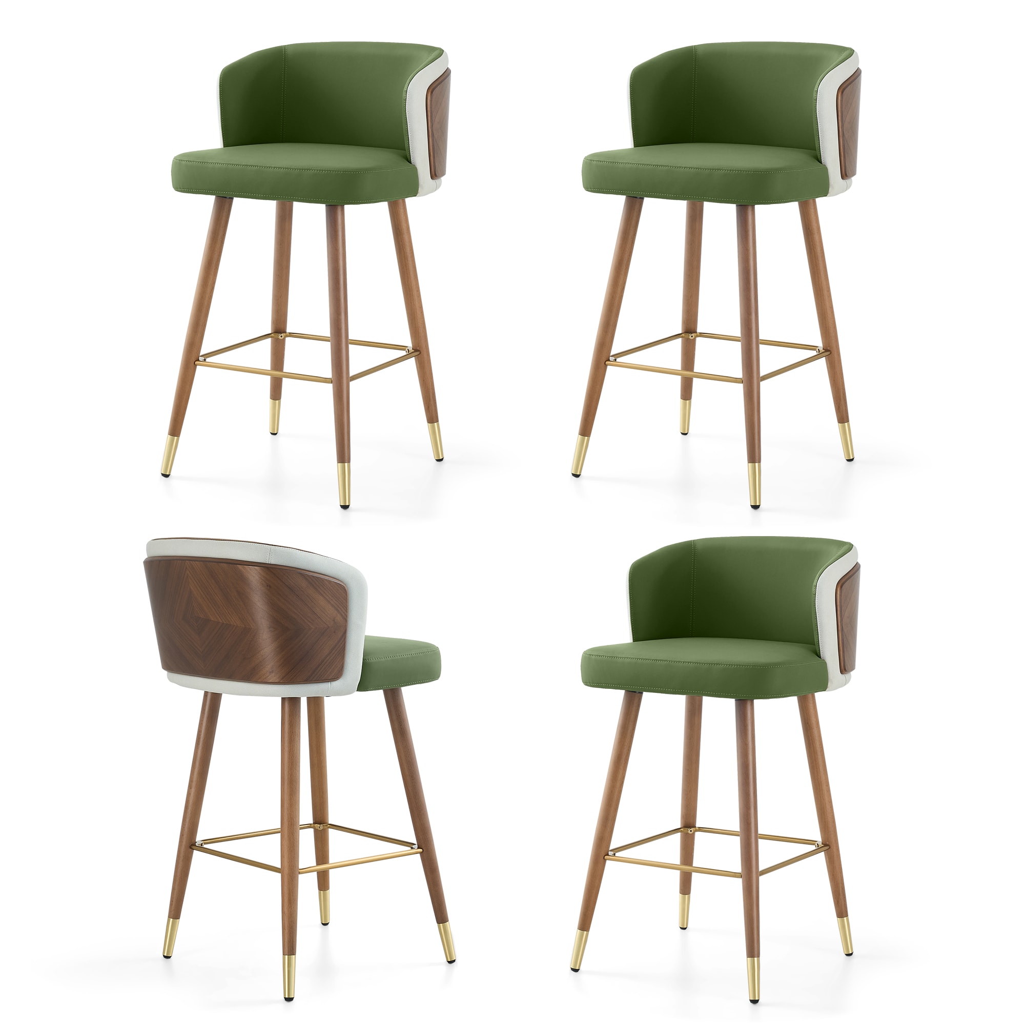 Artplan Mid Century Modern Bar Stools for Counter Height - Leather Upholstered Seat with Walnut Wood Frame Retro 33 Inch Bar Chairs for Home Kitchen Island Bar Breakfast Nook