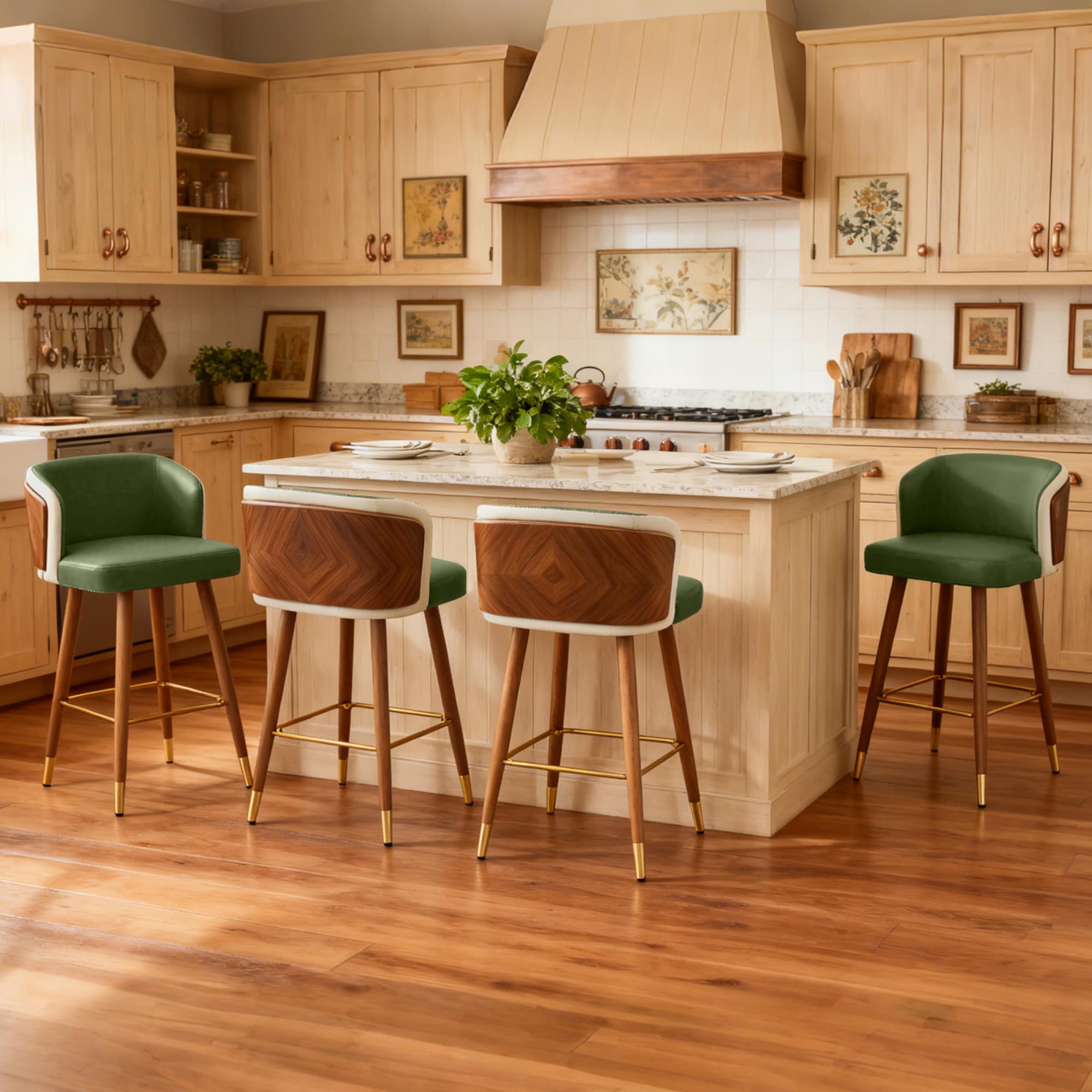 Kitchen island with green upholstered stools