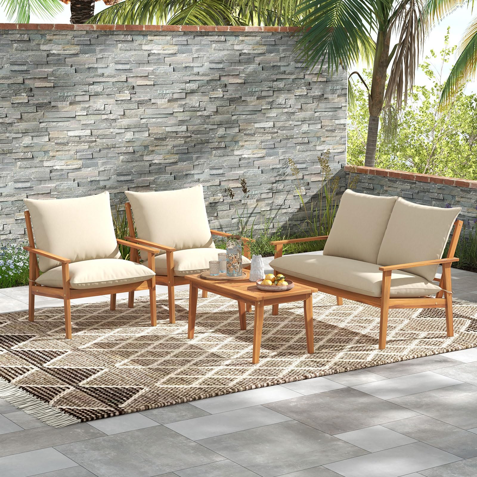 Tangkula 4 Pieces Patio Furniture Set, Outdoor Acacia Wood Conversation Set with Soft Cushions and Coffee Table - Image 2