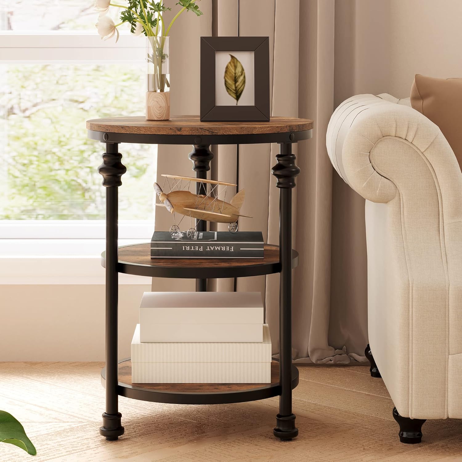 Garvee Round Side Table Small End Table with 3 Shelves for Living Room Bedroom Night Stand Accent Coffee Table with Steel Frame for Small Spaces Rustic Brown - Image 3