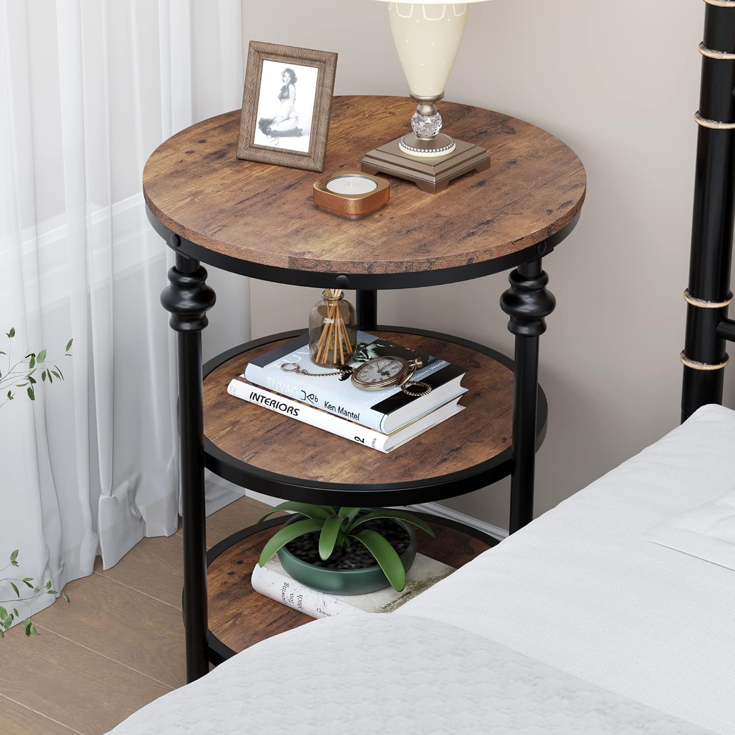 Garvee Round Side Table Small End Table with 3 Shelves for Living Room Bedroom Night Stand Accent Coffee Table with Steel Frame for Small Spaces Rustic Brown - Image 4