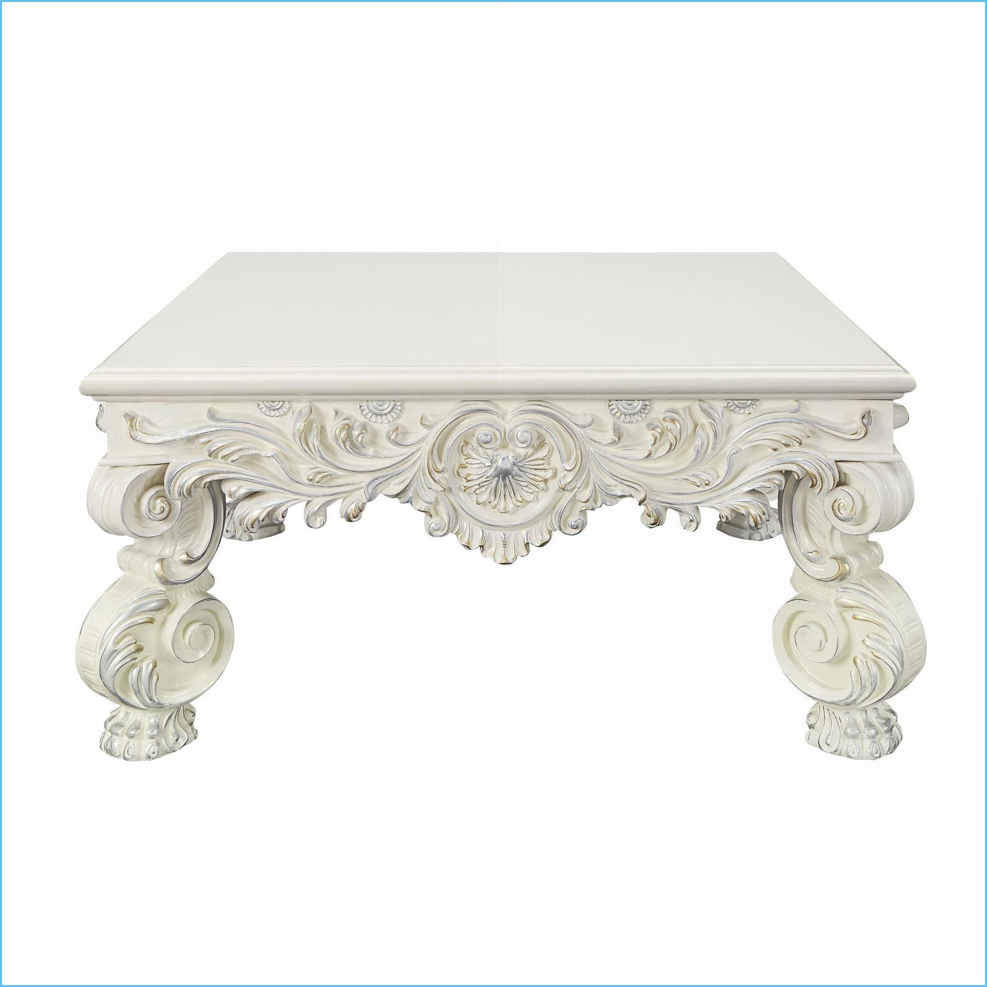 Watnature Antique White Square Coffee Table with 60mm Thick Top Artistic Floral Legs for Living Room Elegance - Image 4