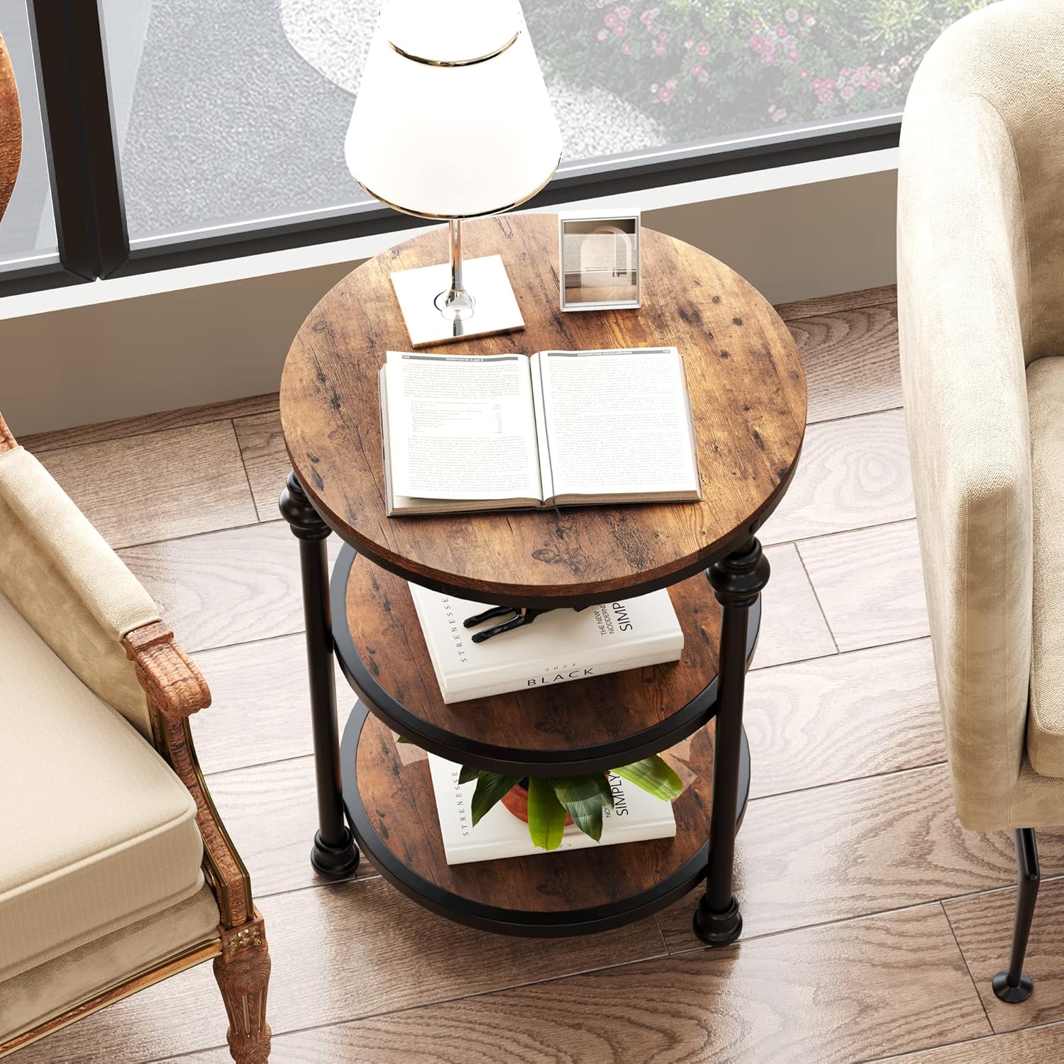 Garvee Round Side Table Small End Table with 3 Shelves for Living Room Bedroom Night Stand Accent Coffee Table with Steel Frame for Small Spaces Rustic Brown - Image 2