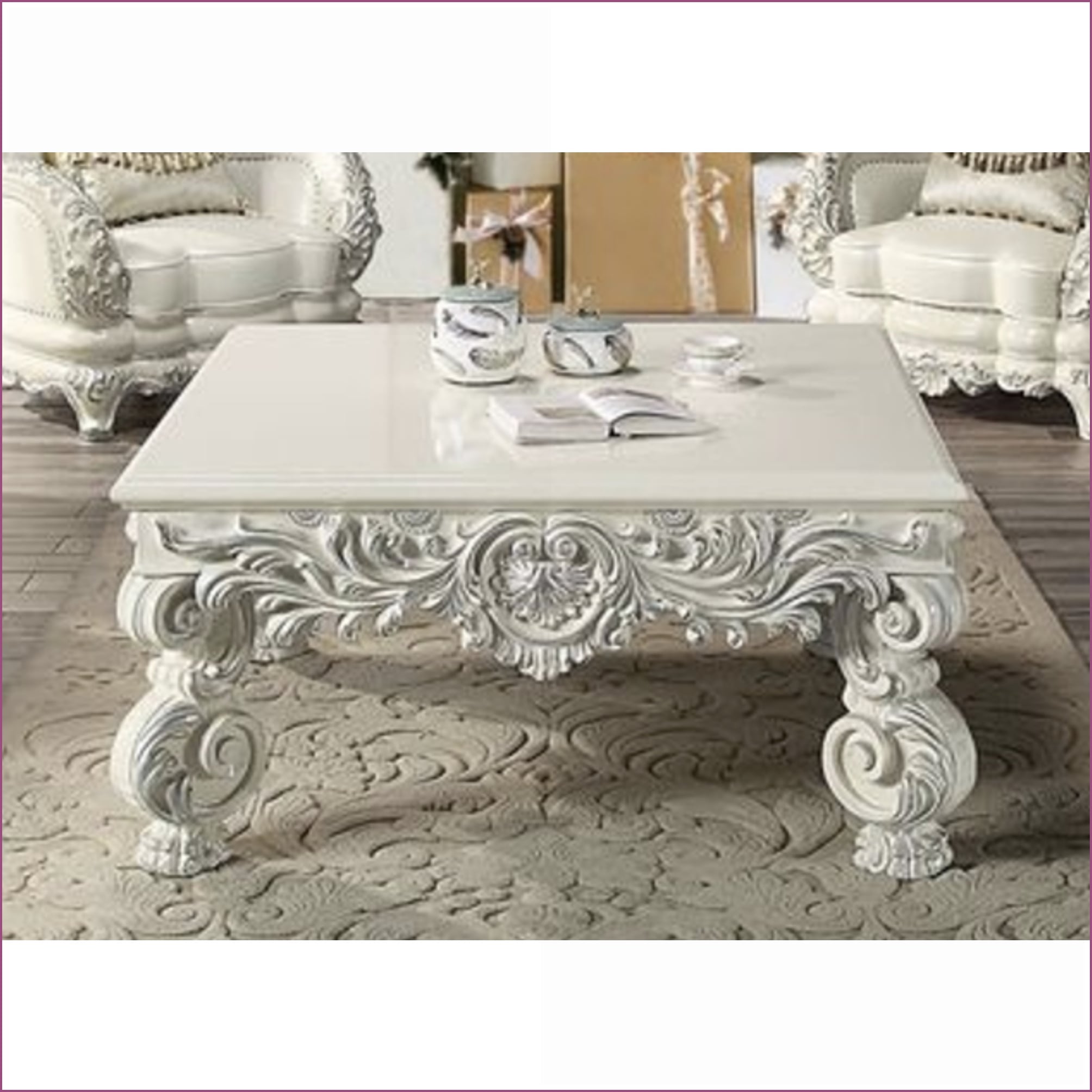 Watnature Antique White Square Coffee Table with 60mm Thick Top Artistic Floral Legs for Living Room Elegance - Image 2