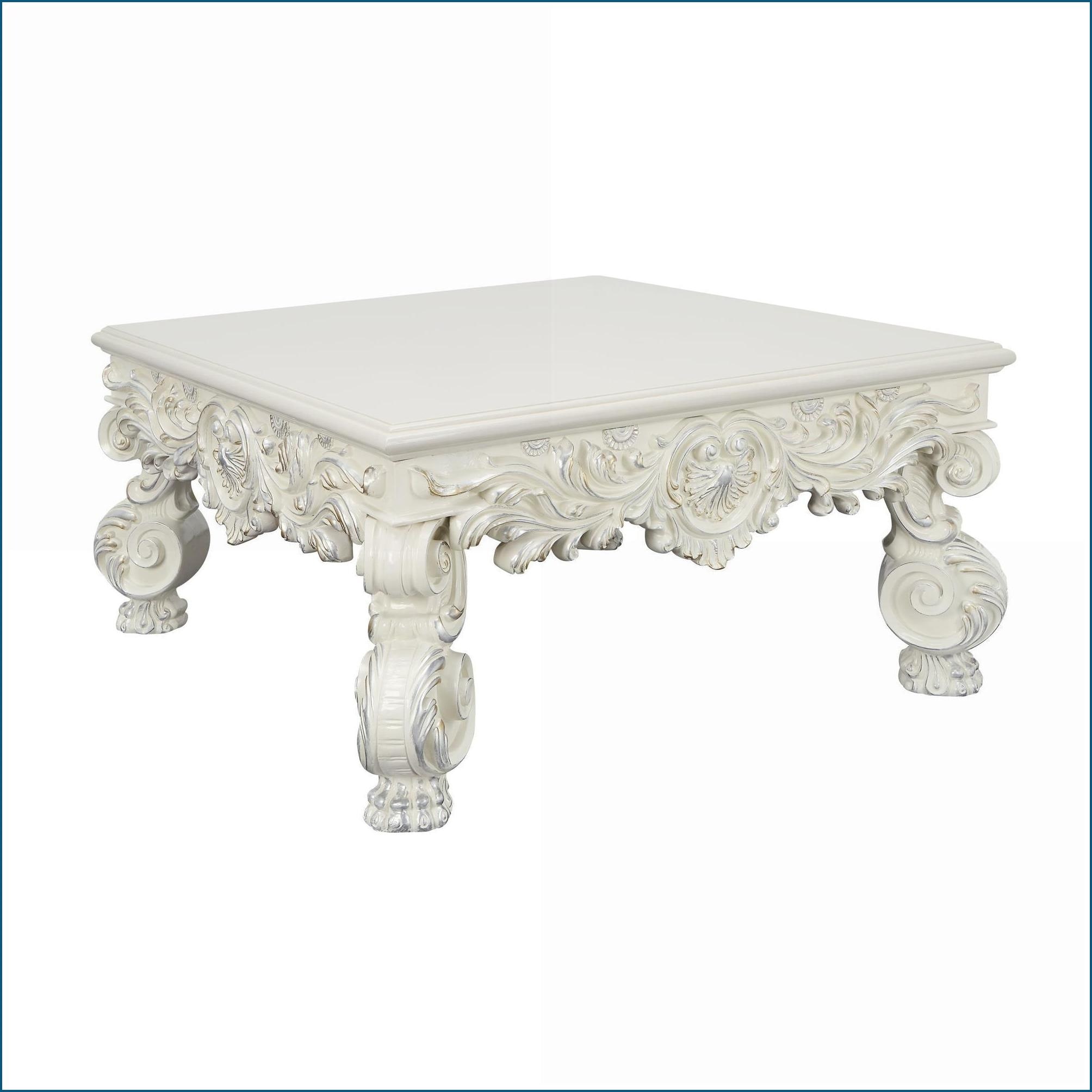 Watnature Antique White Square Coffee Table with 60mm Thick Top Artistic Floral Legs for Living Room Elegance - Image 5