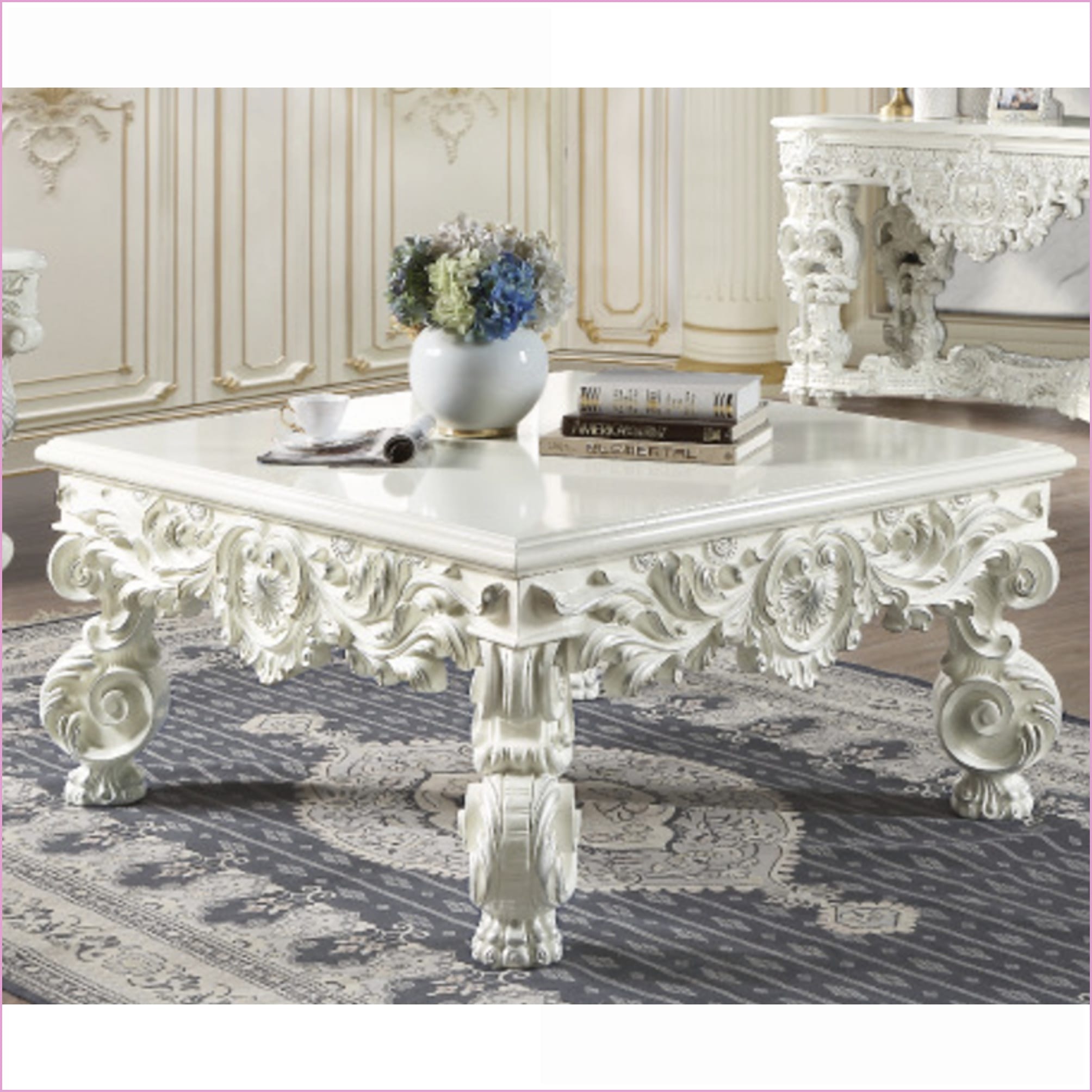 Watnature Antique White Square Coffee Table with 60mm Thick Top Artistic Floral Legs for Living Room Elegance