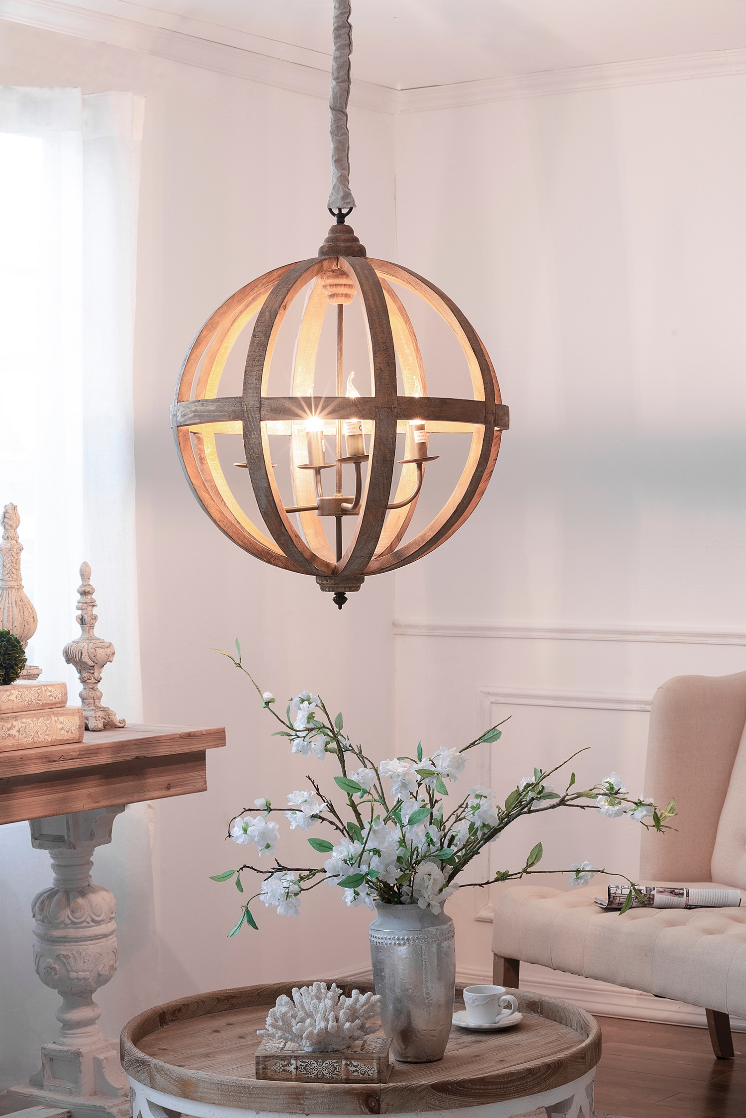 LUXEYARD 4 - Light Wood Chandelier Hanging Light Fixture with Adjustable Chain for Kitchen Dining Room Foyer Entryway Bulb Not Included - Image 3