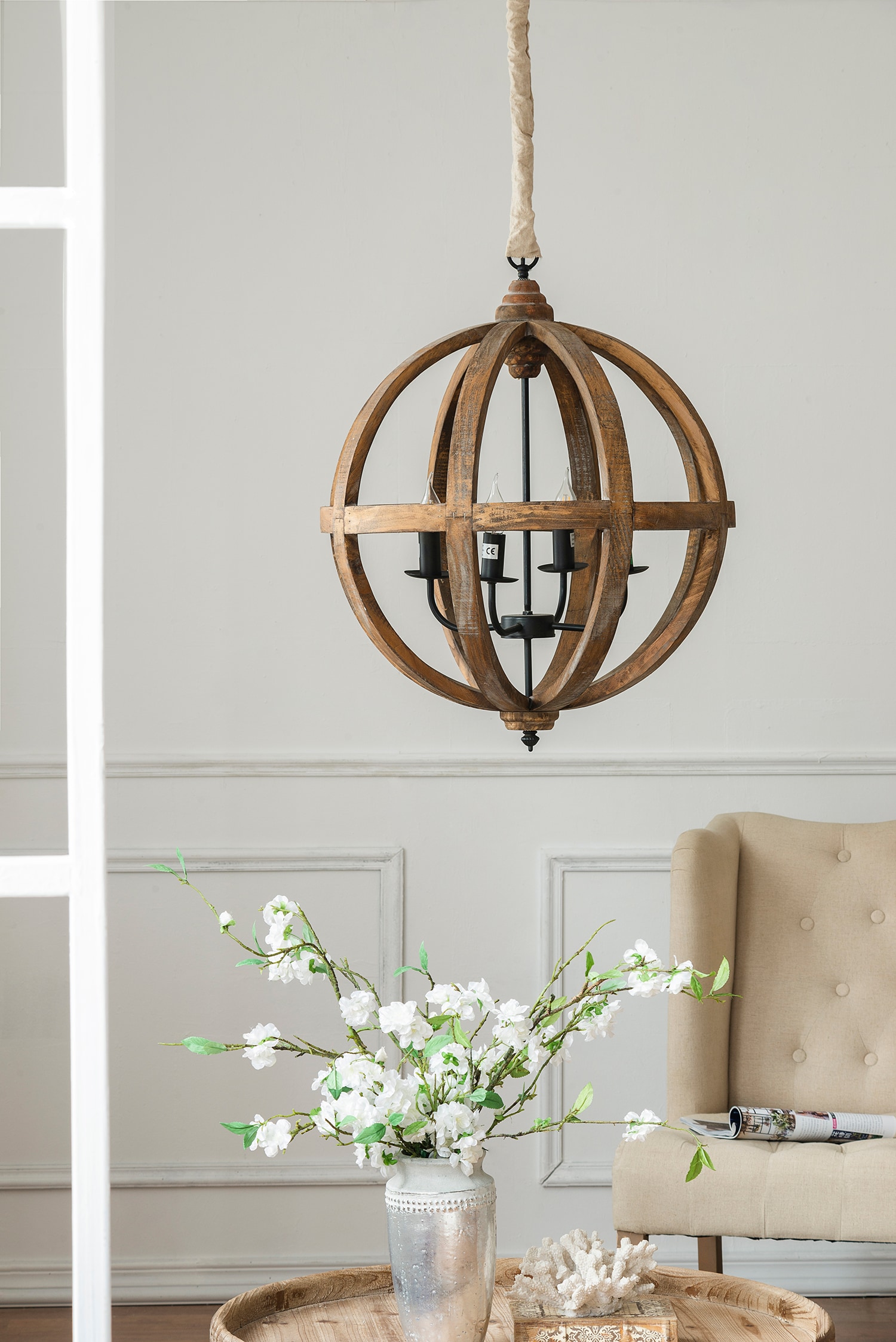 LUXEYARD 4 - Light Wood Chandelier Hanging Light Fixture with Adjustable Chain for Kitchen Dining Room Foyer Entryway Bulb Not Included