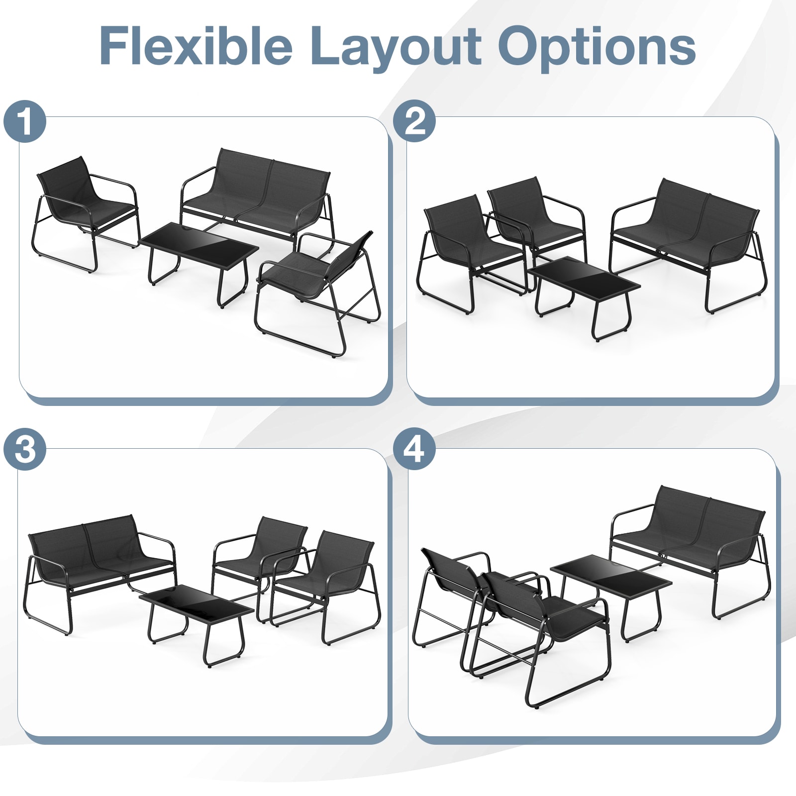 Slickblue Outdoor 4 Piece Fabric Patio Set Black Metal Patio Conversation Set with Black Fabric Seat and Tempered Glass Table for Patio and Backyard - Image 7