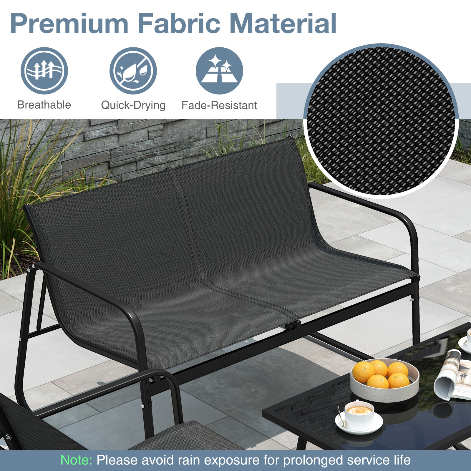 Slickblue Outdoor 4 Piece Fabric Patio Set Black Metal Patio Conversation Set with Black Fabric Seat and Tempered Glass Table for Patio and Backyard - Image 4