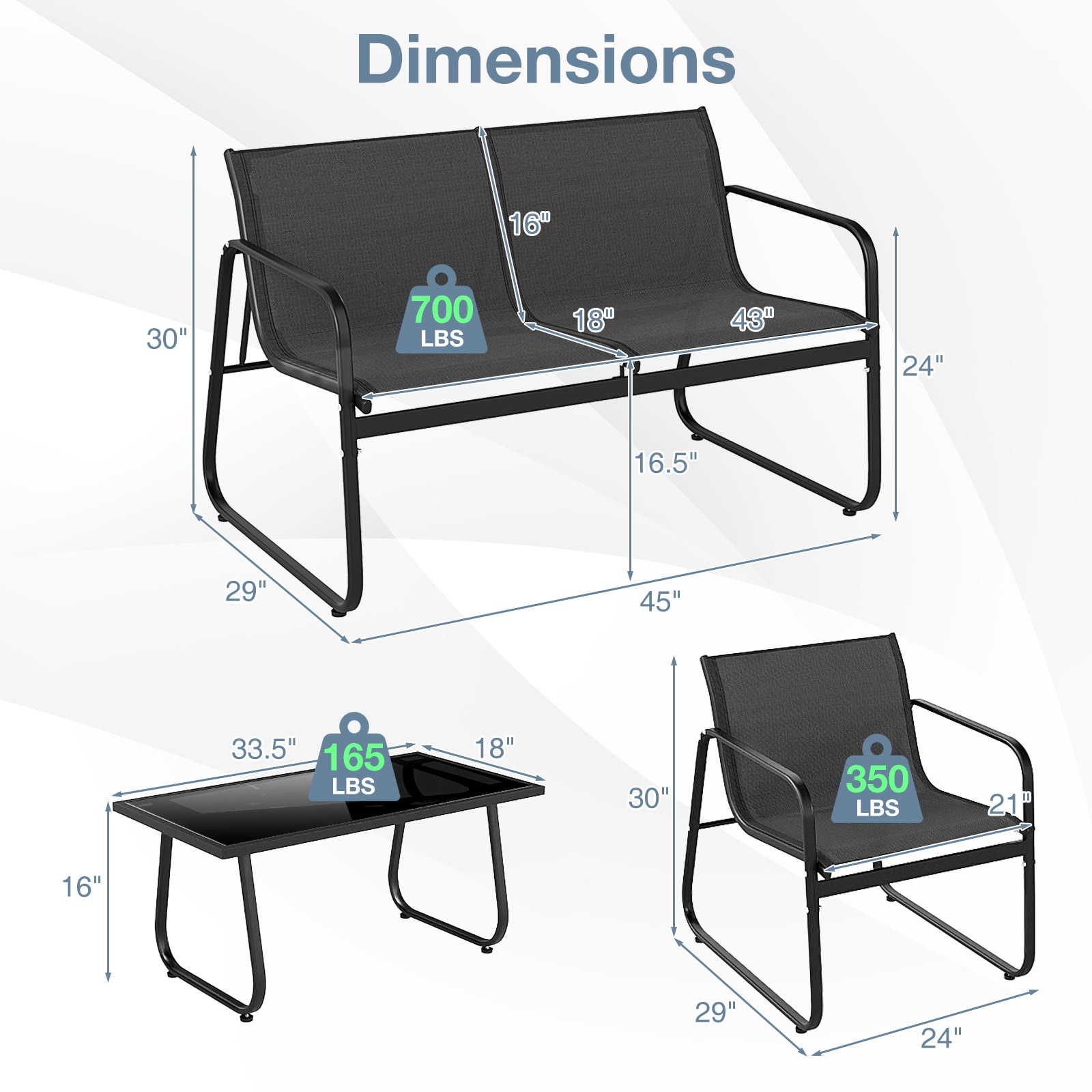 Slickblue Outdoor 4 Piece Fabric Patio Set Black Metal Patio Conversation Set with Black Fabric Seat and Tempered Glass Table for Patio and Backyard - Image 5