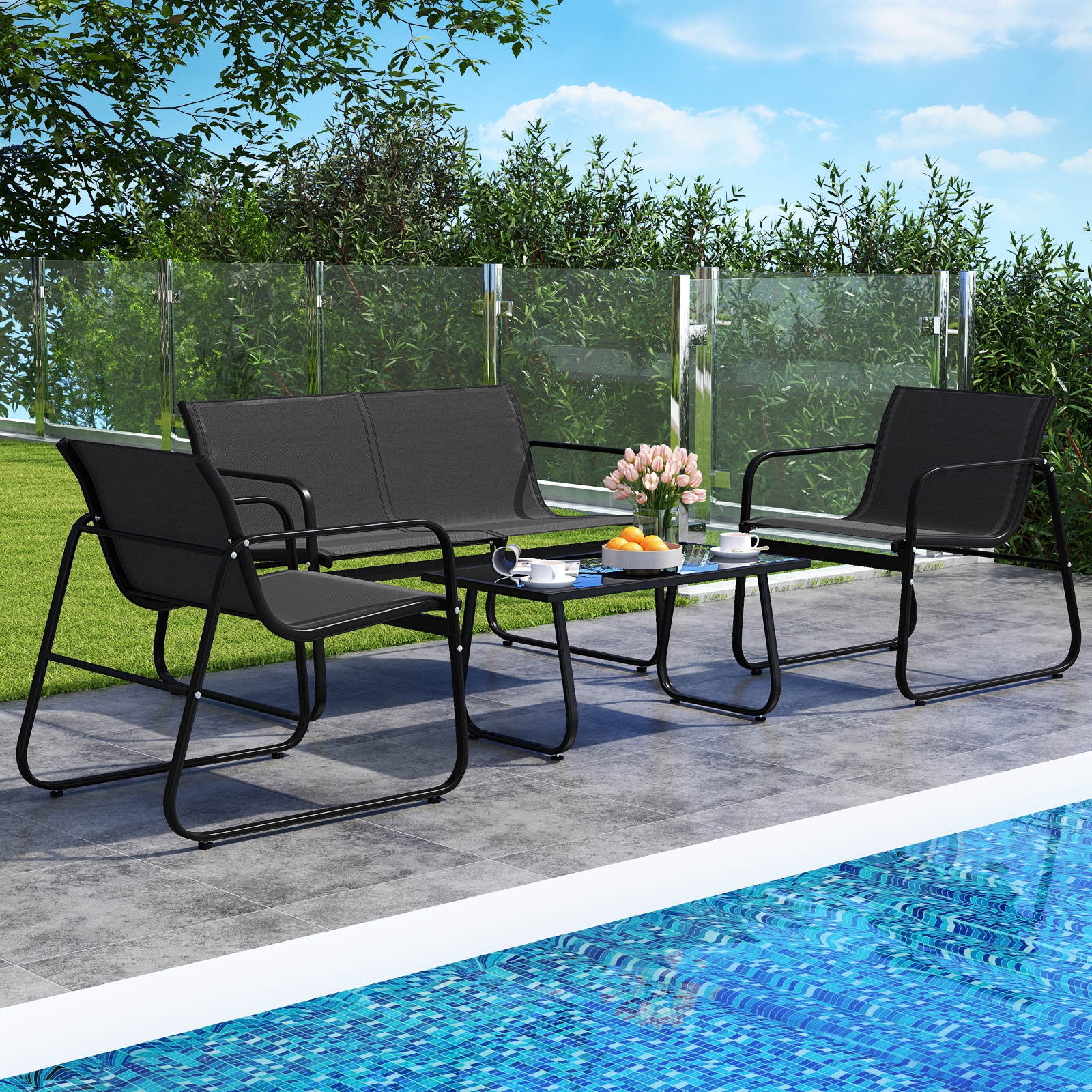 Slickblue Outdoor 4 Piece Fabric Patio Set Black Metal Patio Conversation Set with Black Fabric Seat and Tempered Glass Table for Patio and Backyard - Image 2