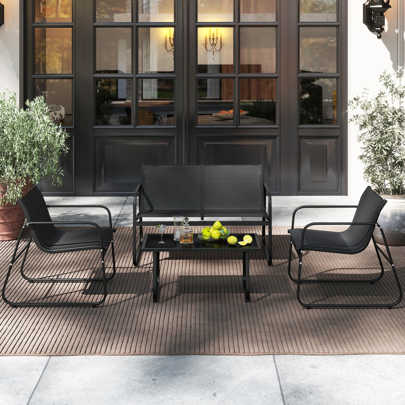 Slickblue Outdoor 4 Piece Fabric Patio Set Black Metal Patio Conversation Set with Black Fabric Seat and Tempered Glass Table for Patio and Backyard - Image 6