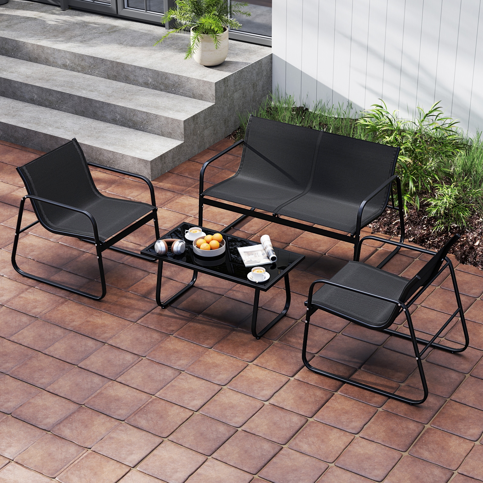 Slickblue Outdoor 4 Piece Fabric Patio Set Black Metal Patio Conversation Set with Black Fabric Seat and Tempered Glass Table for Patio and Backyard - Image 3