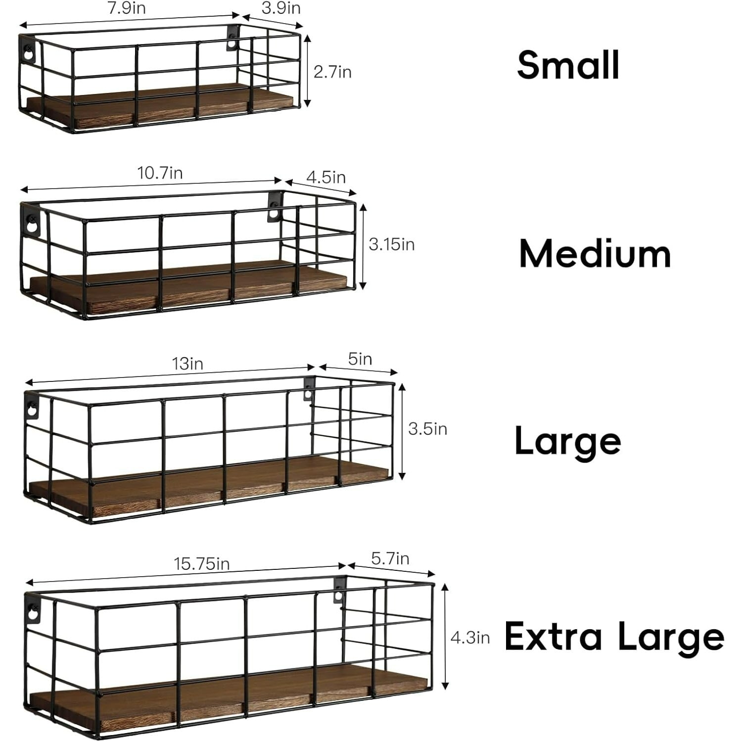 Paradigms Interiors 4 Set Wall Mounted Floating Shelves in 4 Sizes Paulownia Wood with Metal Wire Frame for Bathroom Living Room or Kitchen Storage - Image 2