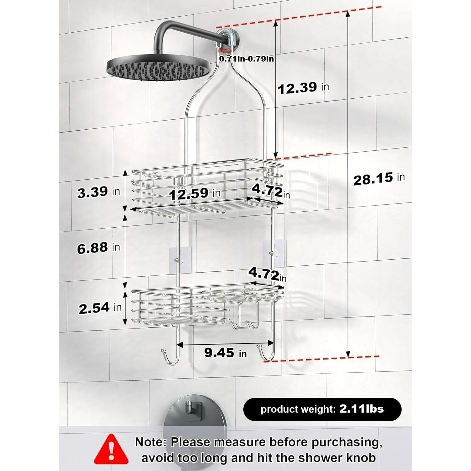 Paradigms Interiors Silver Hanging Shower Head Caddy 28 Inch Rustproof Stainless Steel Over The Shower Shelf Organizer With 2 Layers And Soap Dish - Image 3