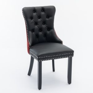 Vynxaria Black Burgundy PU Leather Velvet Tufted Solid Wood Nailhead Trim Upholstered Dining Chair Set of 2