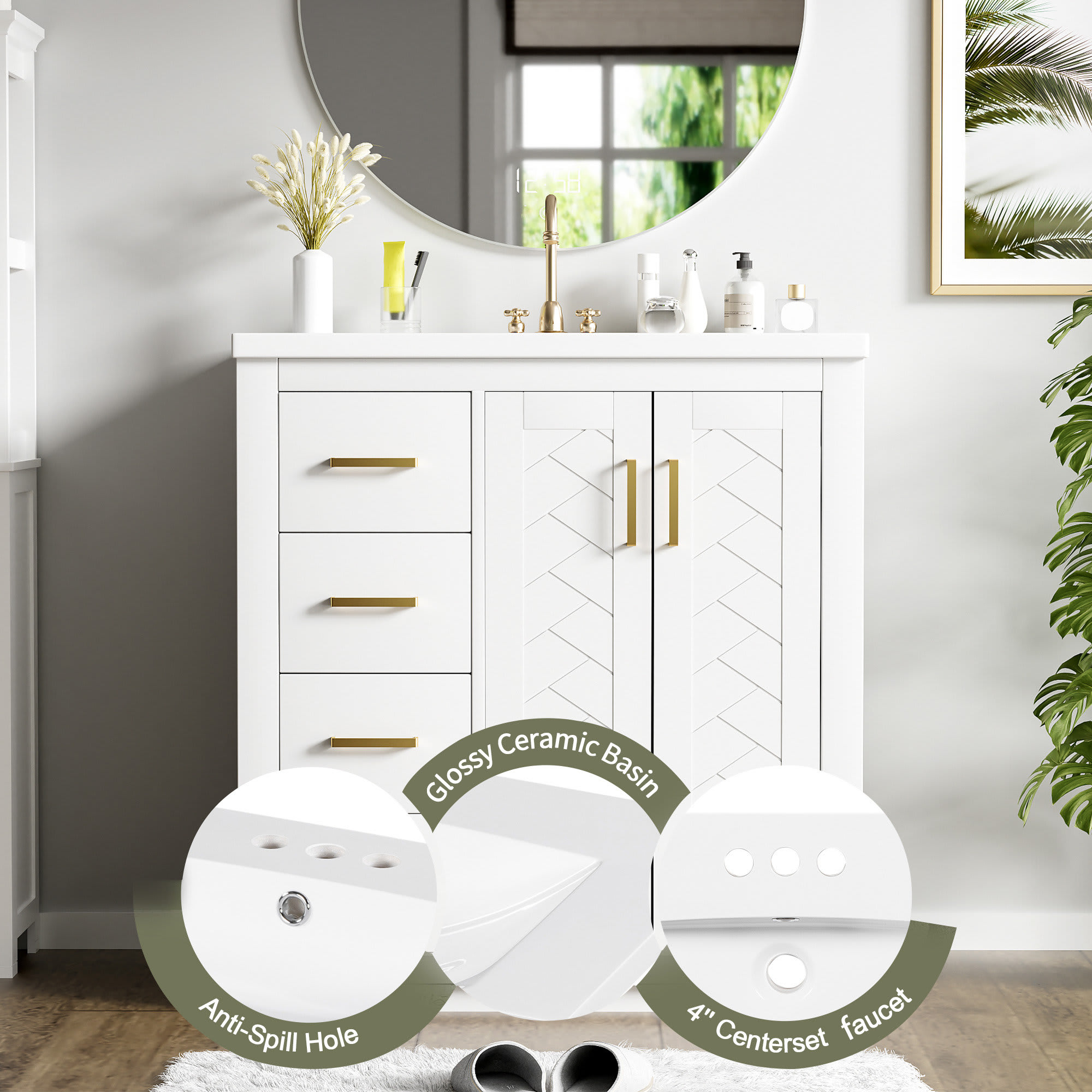 Etokfoks 30 inch Bathroom Vanity with Ceramic Sink Combo Solid Wood Frame Freestanding Cabinet 3 Drawers 2 Soft Close Doors White - Image 5