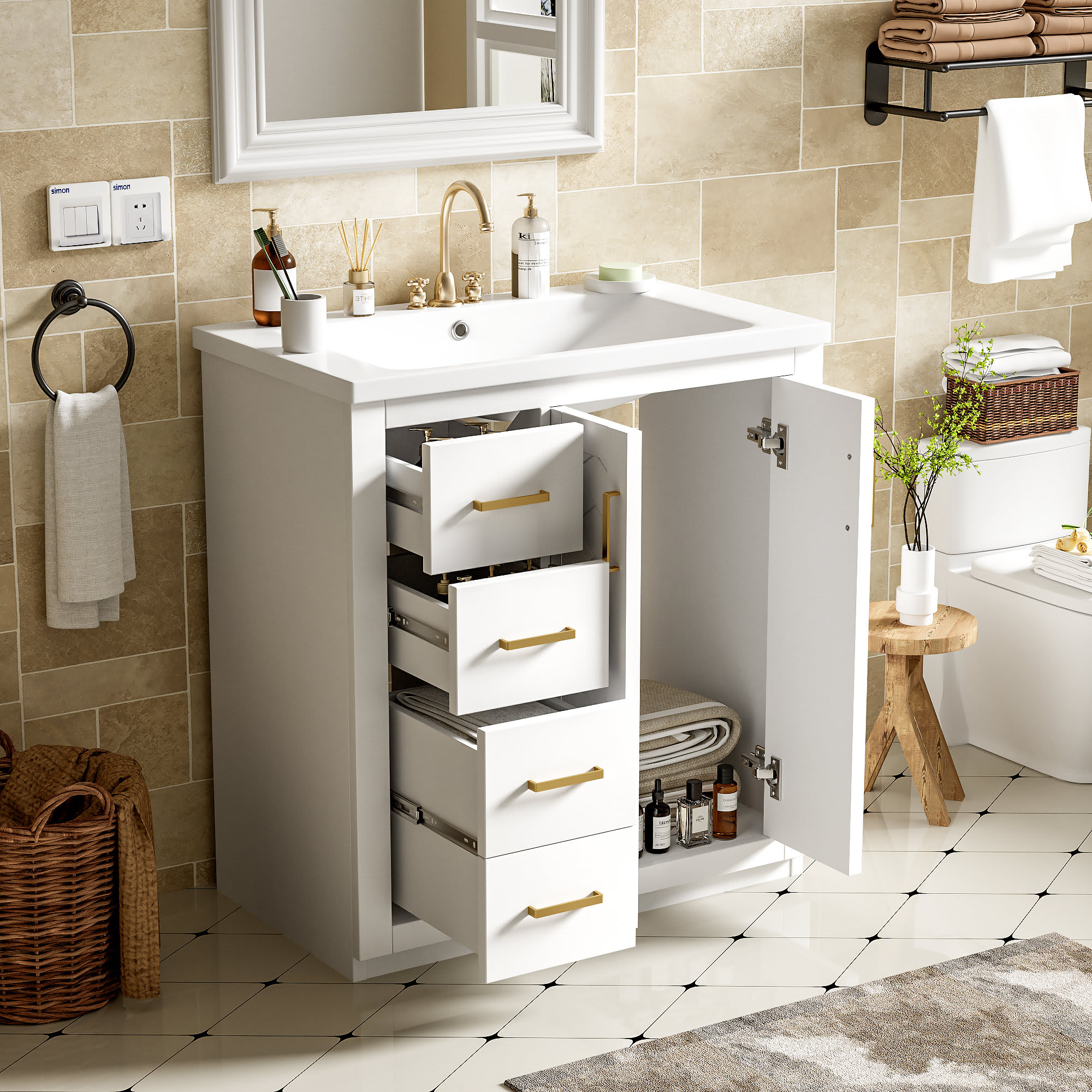 Etokfoks 30 inch Bathroom Vanity with Ceramic Sink Combo Solid Wood Frame Freestanding Cabinet 3 Drawers 2 Soft Close Doors White - Image 2
