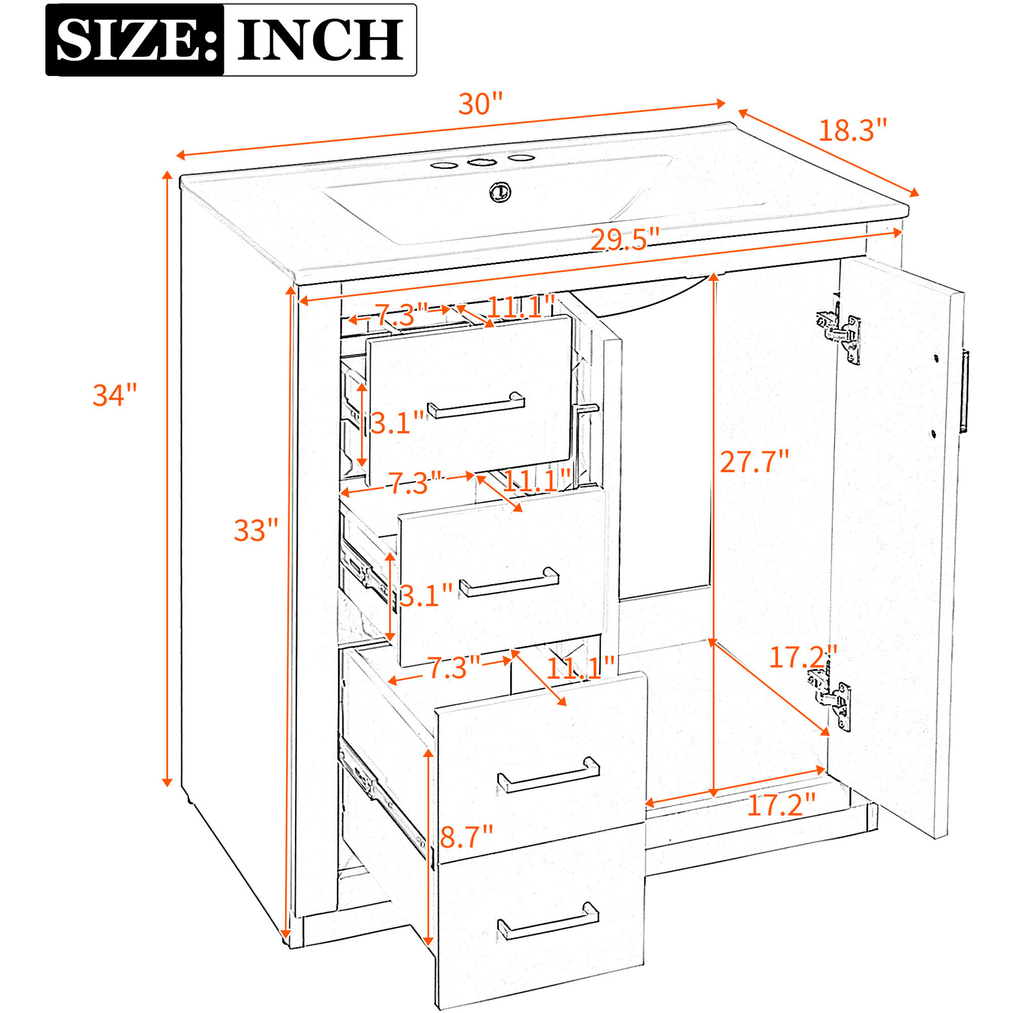 Etokfoks 30 inch Bathroom Vanity with Ceramic Sink Combo Solid Wood Frame Freestanding Cabinet 3 Drawers 2 Soft Close Doors White - Image 8