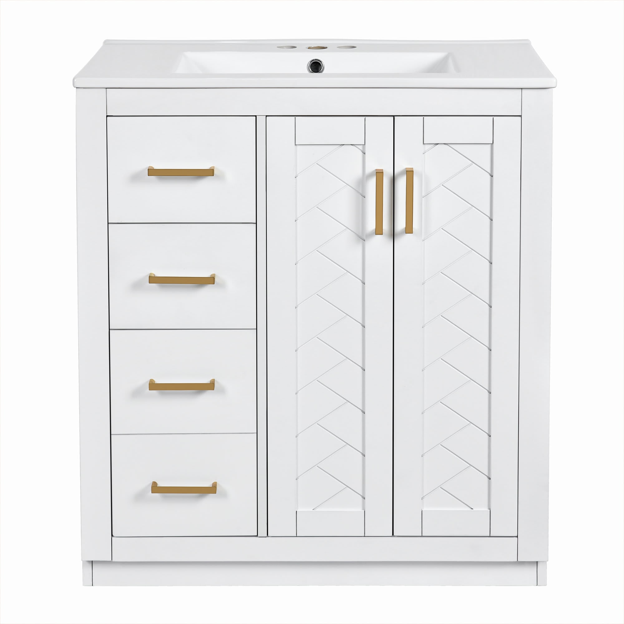 Etokfoks 30 inch Bathroom Vanity with Ceramic Sink Combo Solid Wood Frame Freestanding Cabinet 3 Drawers 2 Soft Close Doors White - Image 7