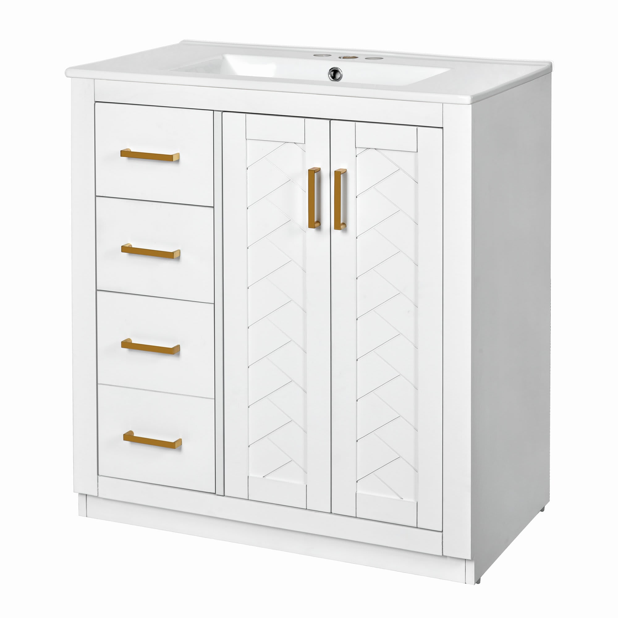 Etokfoks 30 inch Bathroom Vanity with Ceramic Sink Combo Solid Wood Frame Freestanding Cabinet 3 Drawers 2 Soft Close Doors White - Image 11