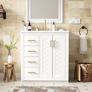 Etokfoks 30 inch Bathroom Vanity with Ceramic Sink Combo Solid Wood Frame Freestanding Cabinet 3 Drawers 2 Soft Close Doors White