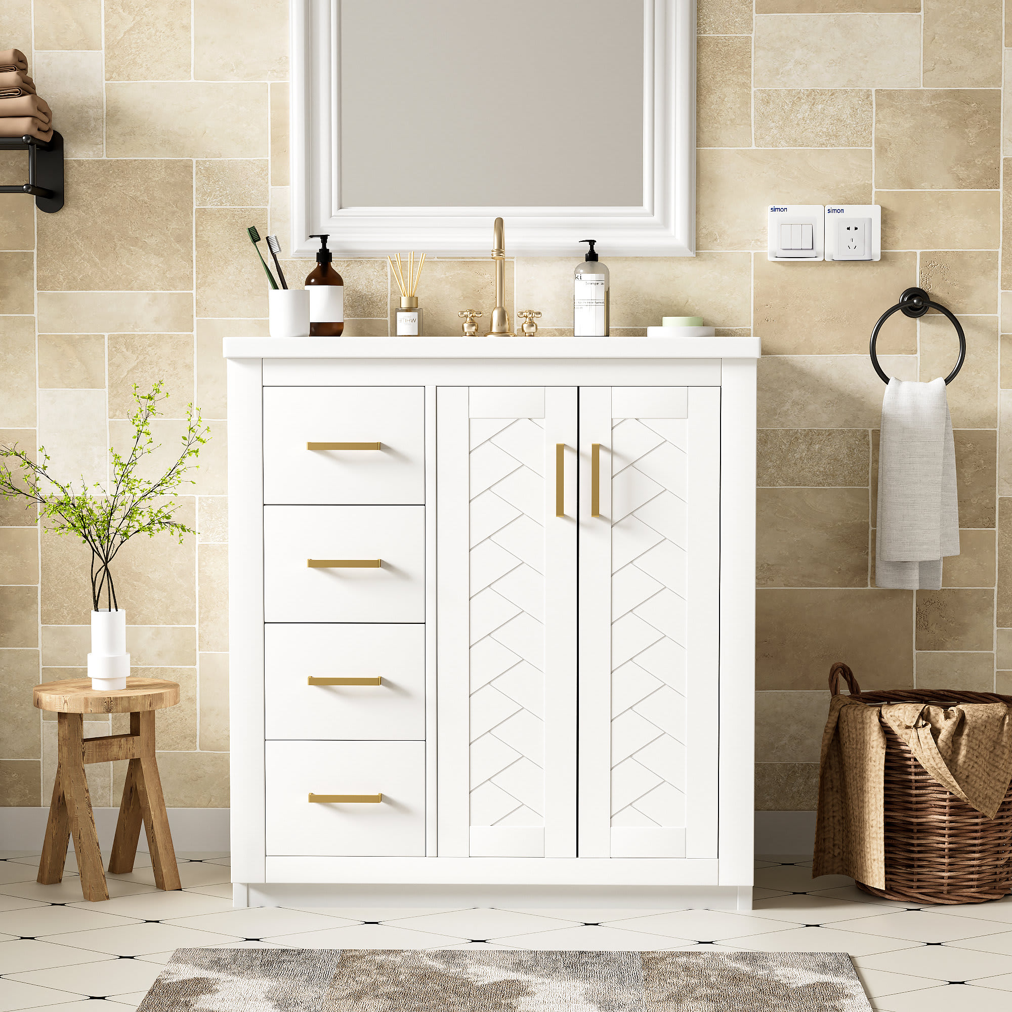 Etokfoks 30 inch Bathroom Vanity with Ceramic Sink Combo Solid Wood Frame Freestanding Cabinet 3 Drawers 2 Soft Close Doors White