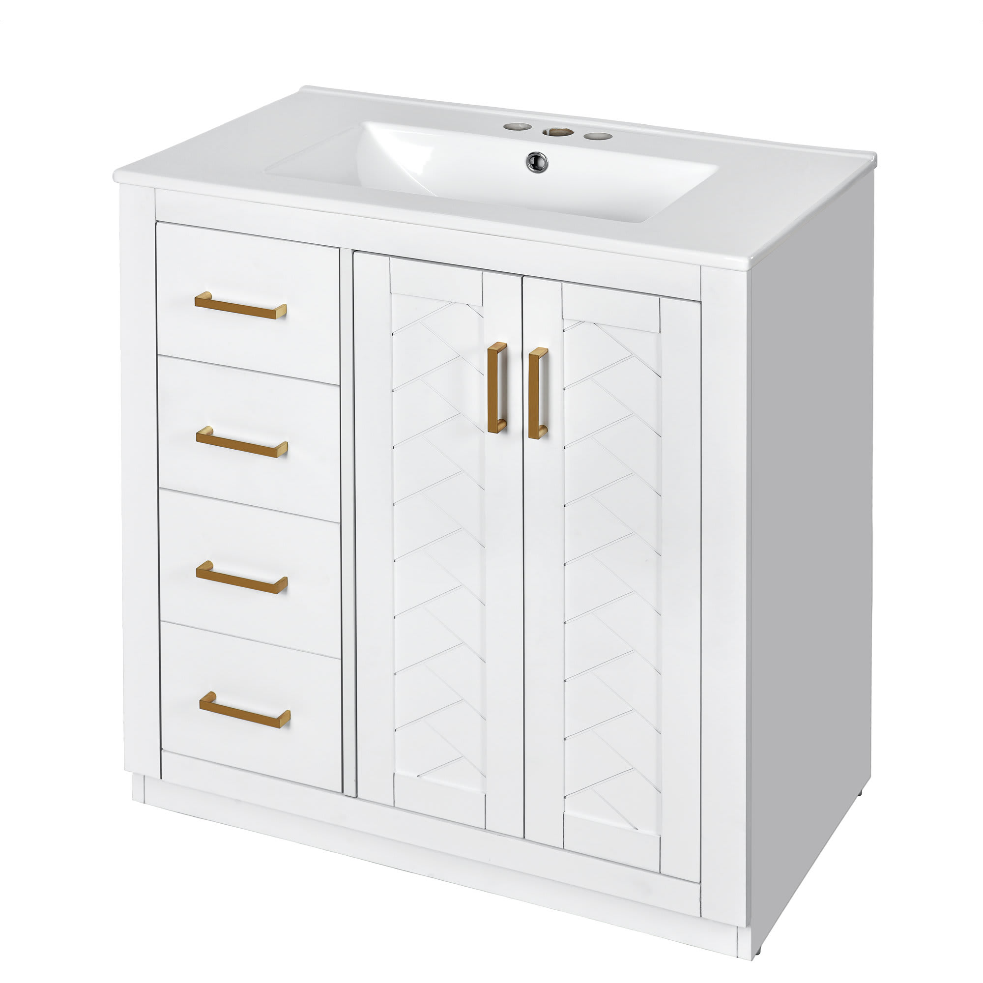 Etokfoks 30 inch Bathroom Vanity with Ceramic Sink Combo Solid Wood Frame Freestanding Cabinet 3 Drawers 2 Soft Close Doors White - Image 12