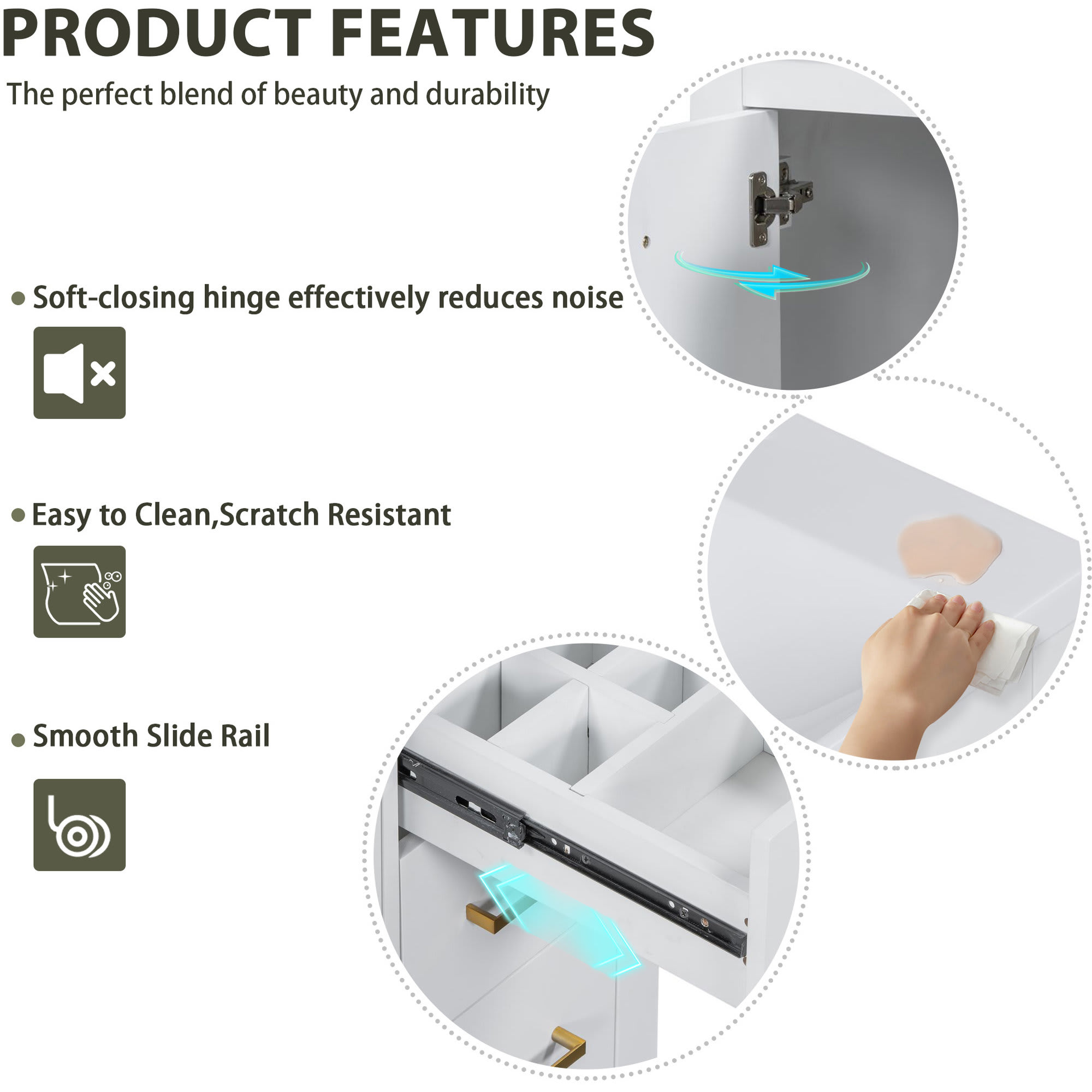 Etokfoks 30 inch Bathroom Vanity with Ceramic Sink Combo Solid Wood Frame Freestanding Cabinet 3 Drawers 2 Soft Close Doors White - Image 9