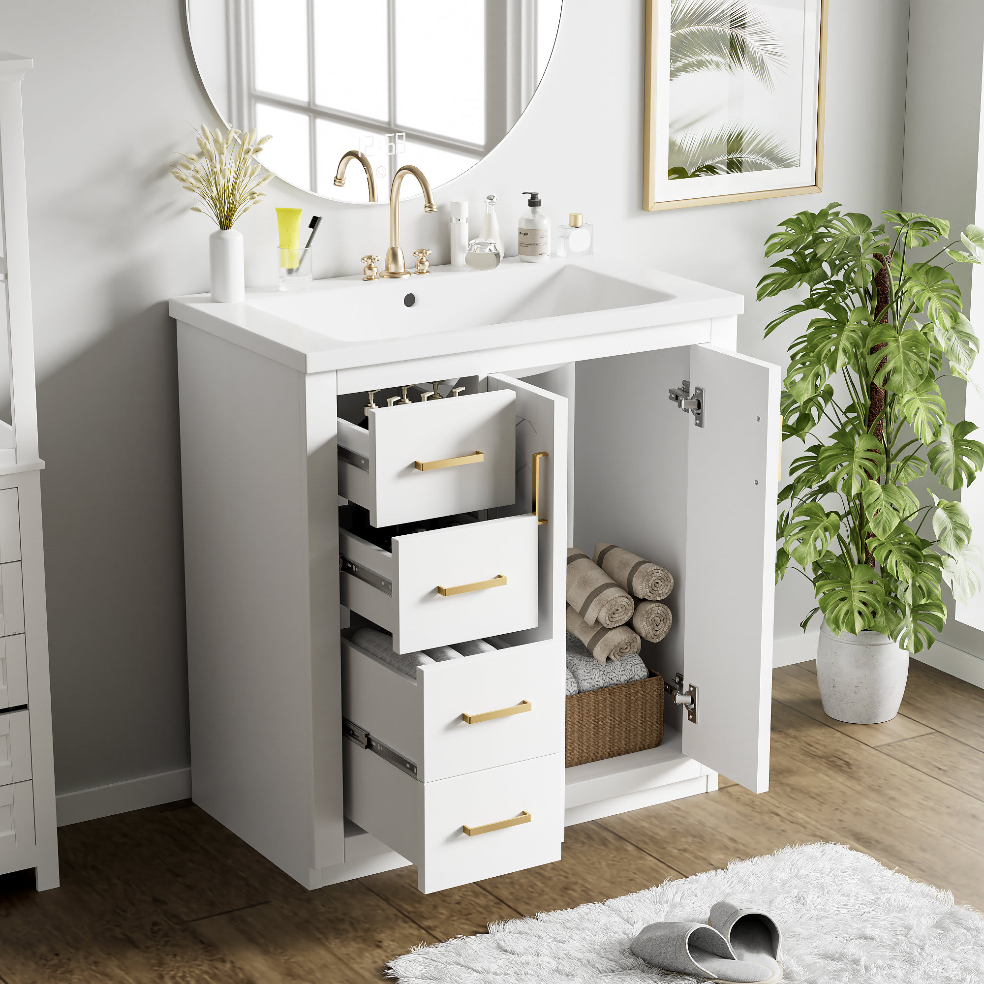 Etokfoks 30 inch Bathroom Vanity with Ceramic Sink Combo Solid Wood Frame Freestanding Cabinet 3 Drawers 2 Soft Close Doors White - Image 6