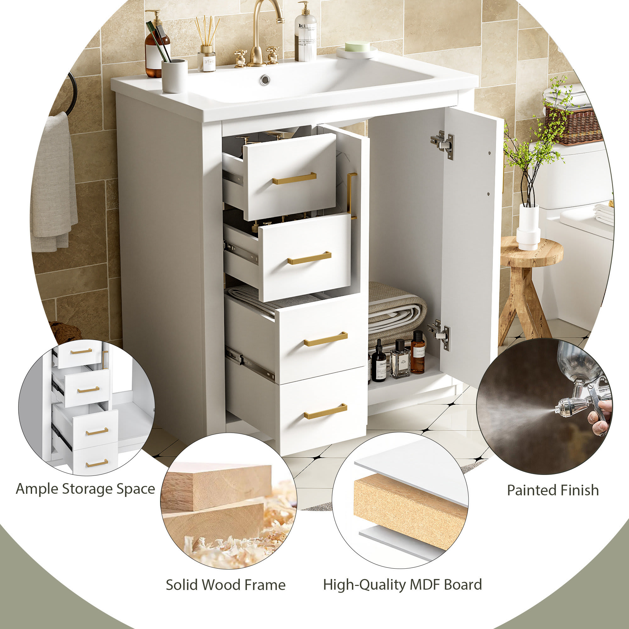 Etokfoks 30 inch Bathroom Vanity with Ceramic Sink Combo Solid Wood Frame Freestanding Cabinet 3 Drawers 2 Soft Close Doors White - Image 4