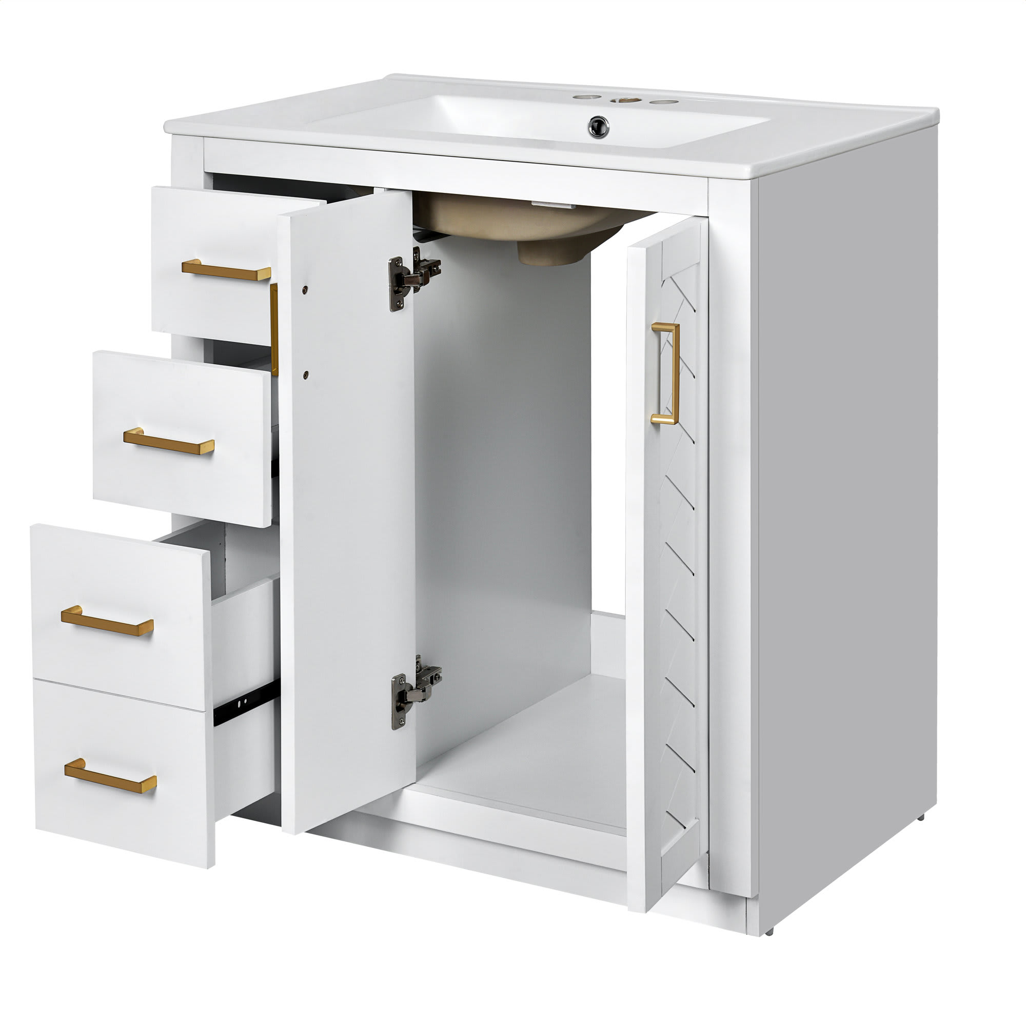 Etokfoks 30 inch Bathroom Vanity with Ceramic Sink Combo Solid Wood Frame Freestanding Cabinet 3 Drawers 2 Soft Close Doors White - Image 10