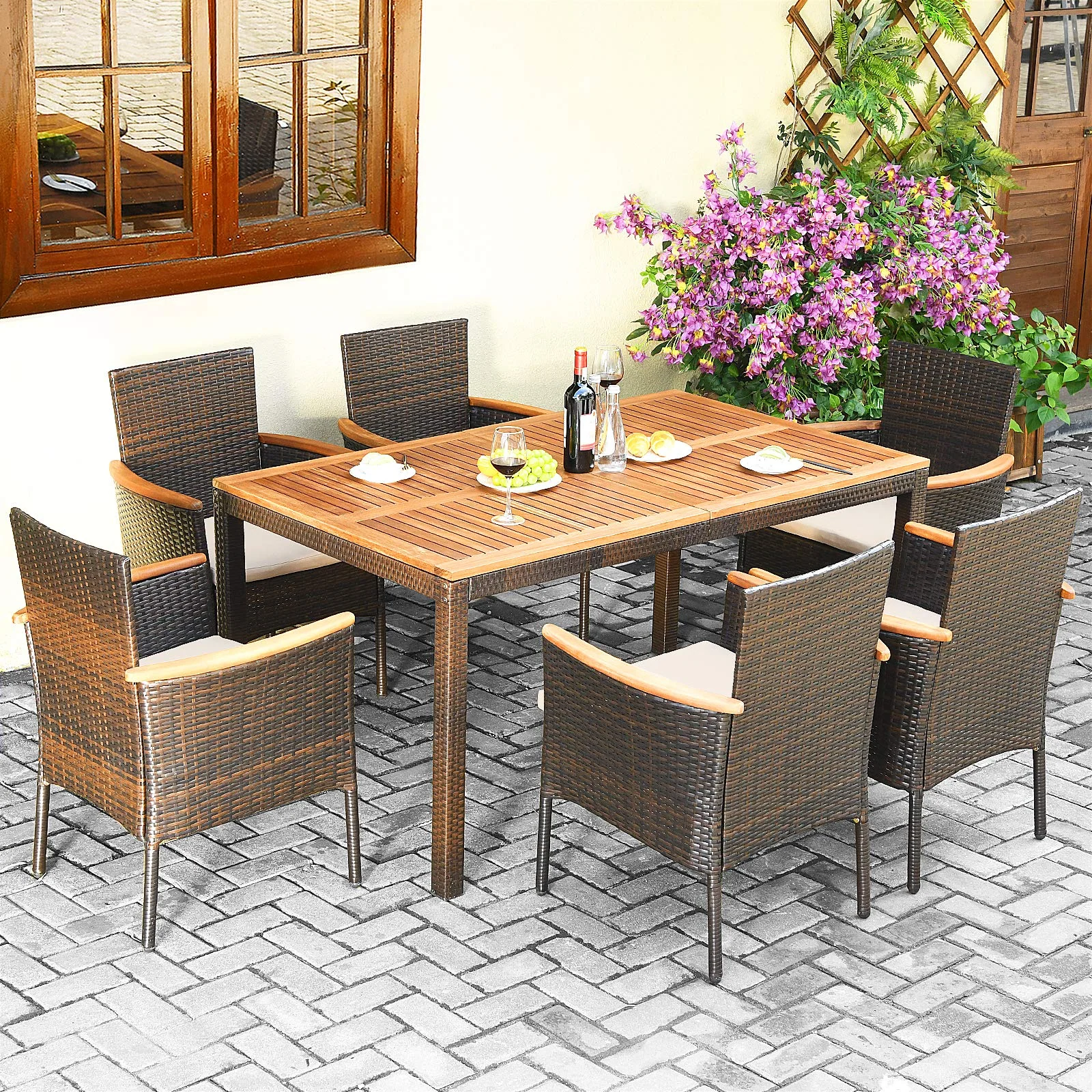 Tangkula 7 Pieces Patio Rattan Dining Set, Outdoor Conversation Set - Image 3