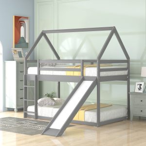 Bellemave Gray Twin over Twin House Bunk Bed with Slide and Ladder