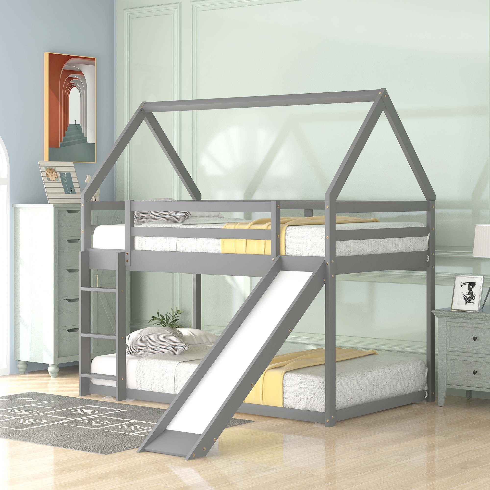 Bellemave Gray Twin over Twin House Bunk Bed with Slide and Ladder