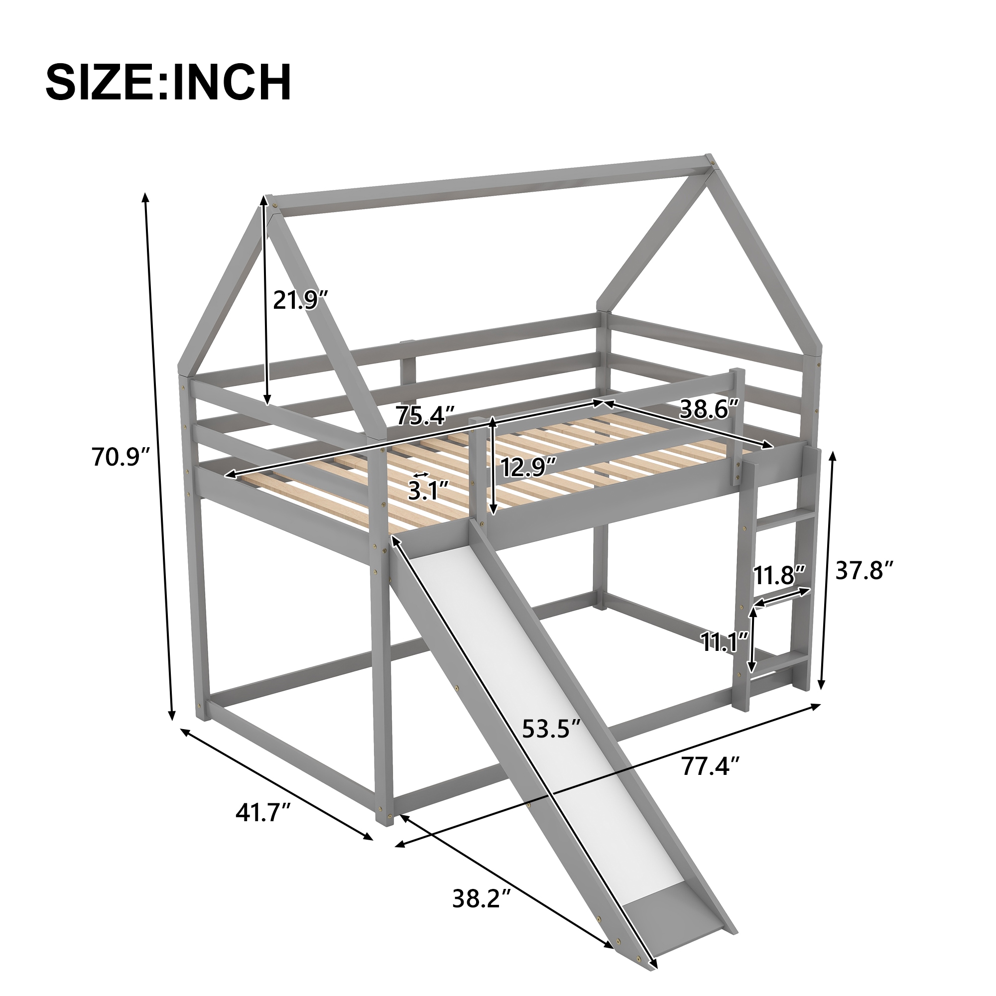 Bellemave Gray Twin over Twin House Bunk Bed with Slide and Ladder - Image 3