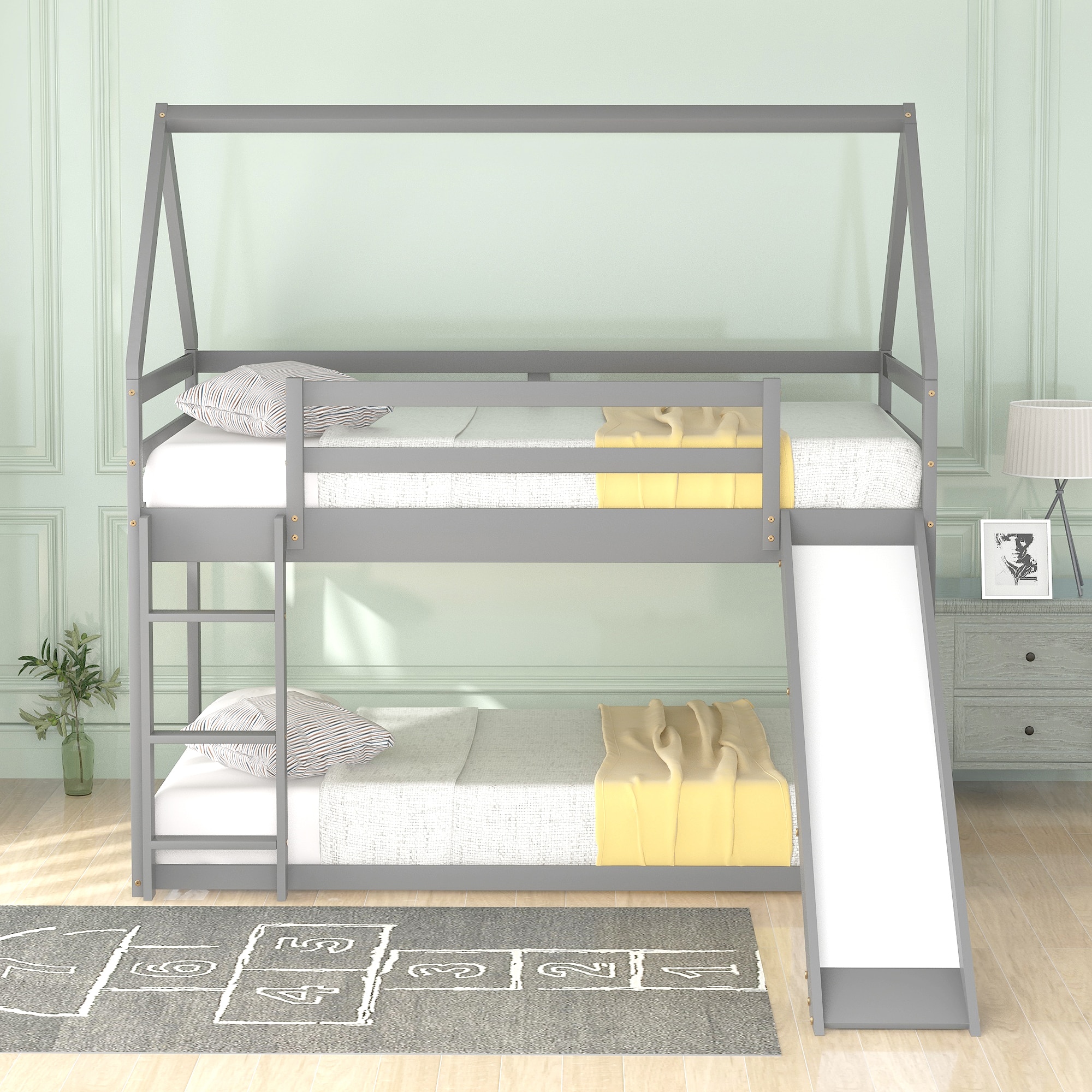 Bellemave Gray Twin over Twin House Bunk Bed with Slide and Ladder - Image 4