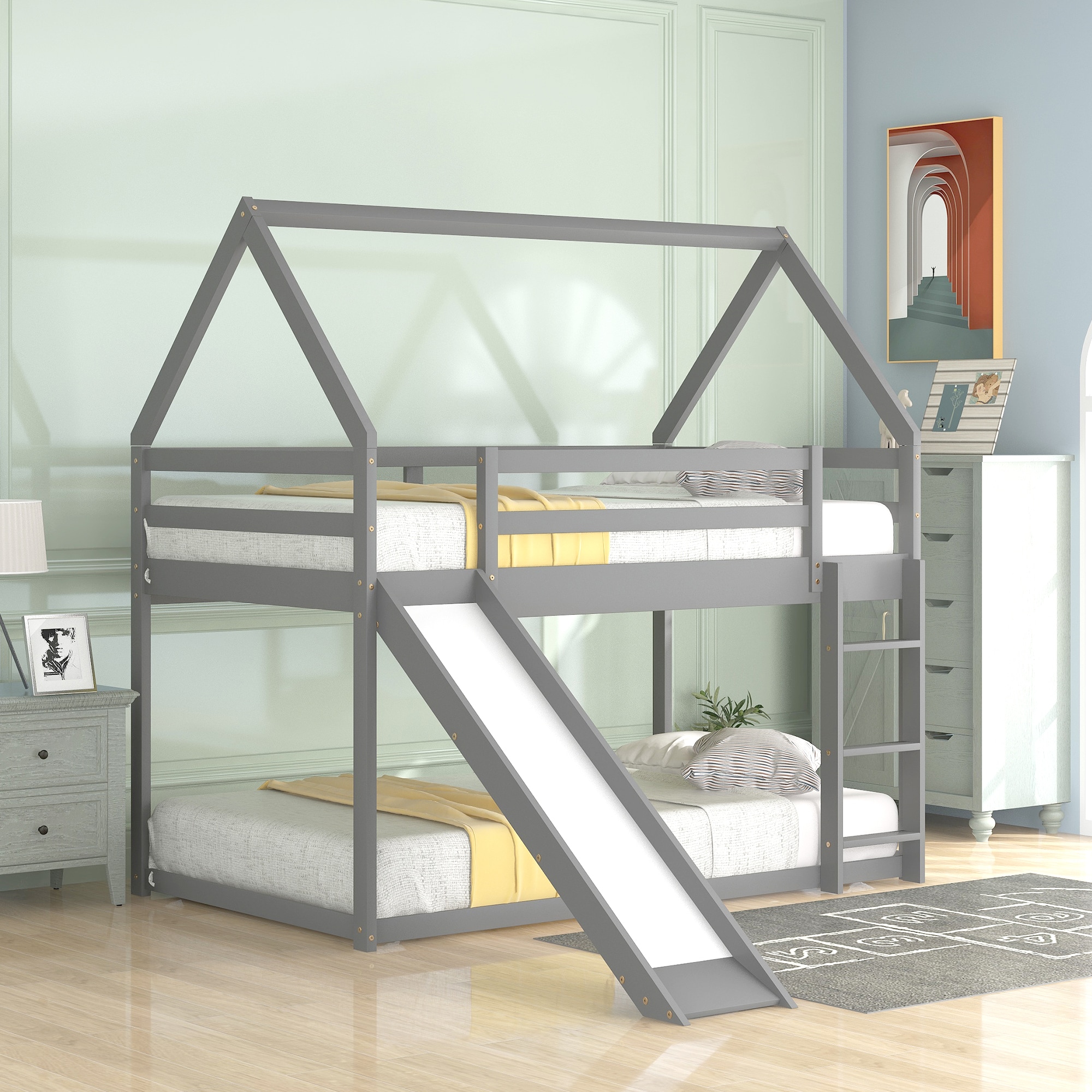 Bellemave Gray Twin over Twin House Bunk Bed with Slide and Ladder - Image 5