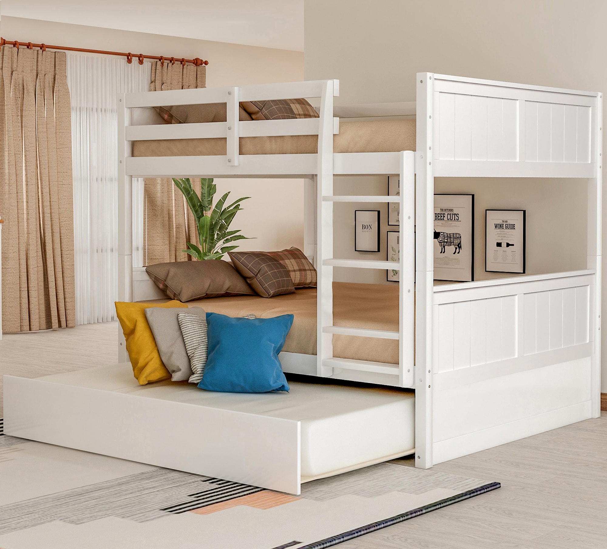 Bellemave Full Over Full Bunk Bed with Trundle Wooden Trundle Bed Frame with Ladder and Safety Guardrail Convertible to 2 Platform Beds for Kids Teens Adults White