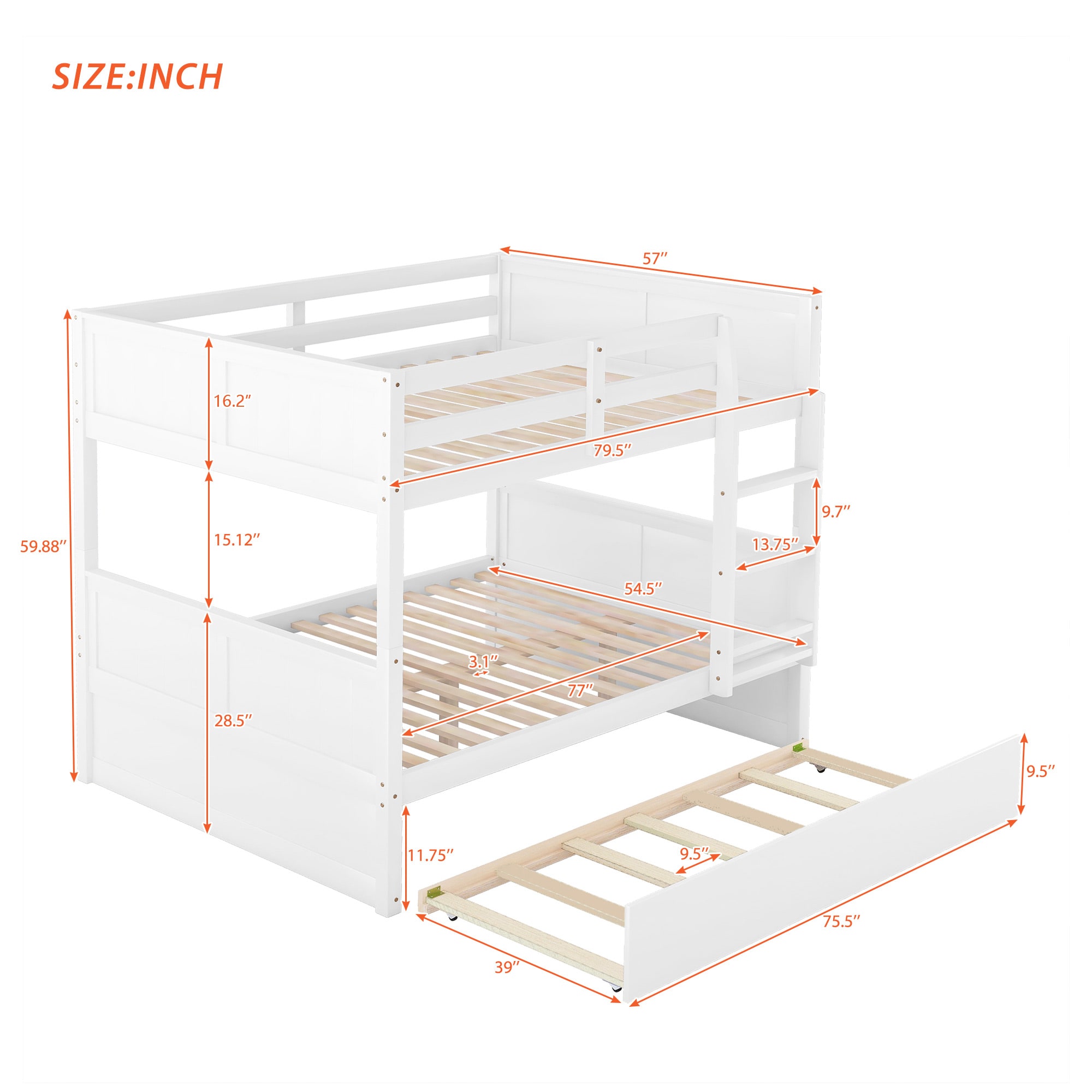 Bellemave Full Over Full Bunk Bed with Trundle Wooden Trundle Bed Frame with Ladder and Safety Guardrail Convertible to 2 Platform Beds for Kids Teens Adults White - Image 3