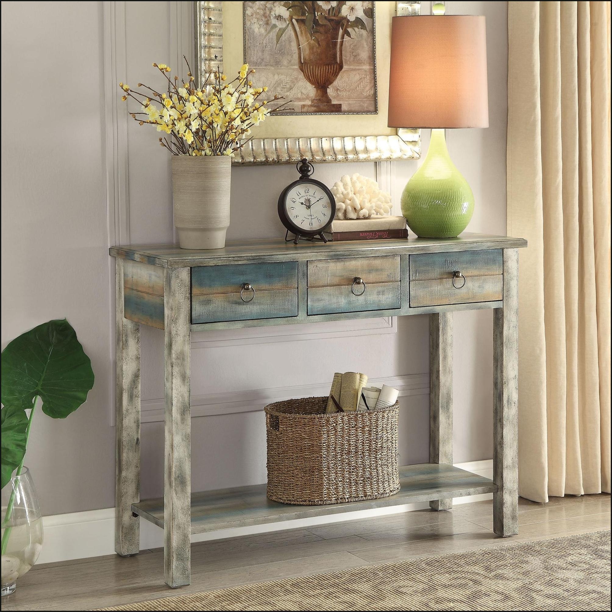 Watnature Antique Grey amp Teal Vintage Console Table with 3 Drawers Timeless Living Room Storage amp Charm - Image 3