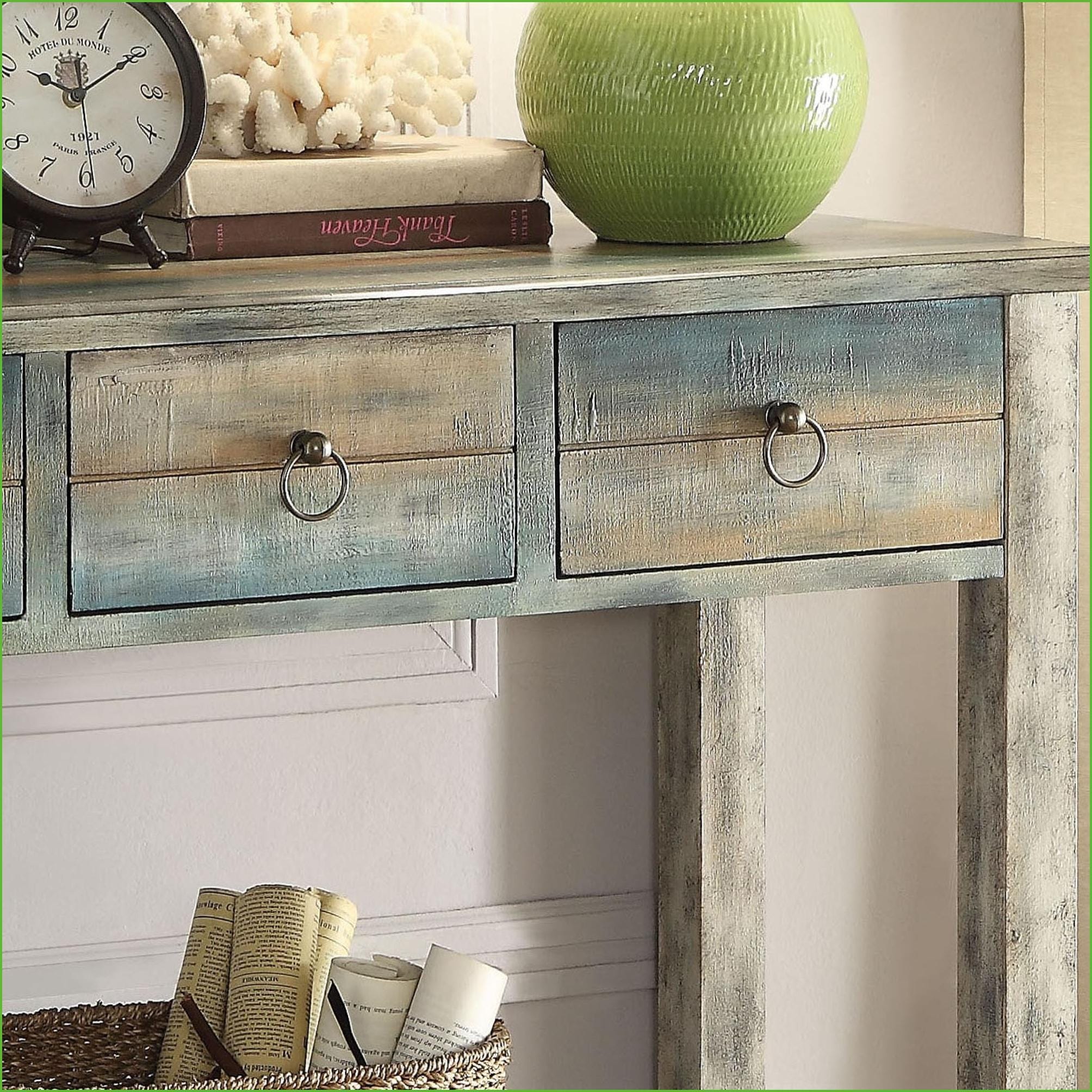 Watnature Antique Grey amp Teal Vintage Console Table with 3 Drawers Timeless Living Room Storage amp Charm - Image 5