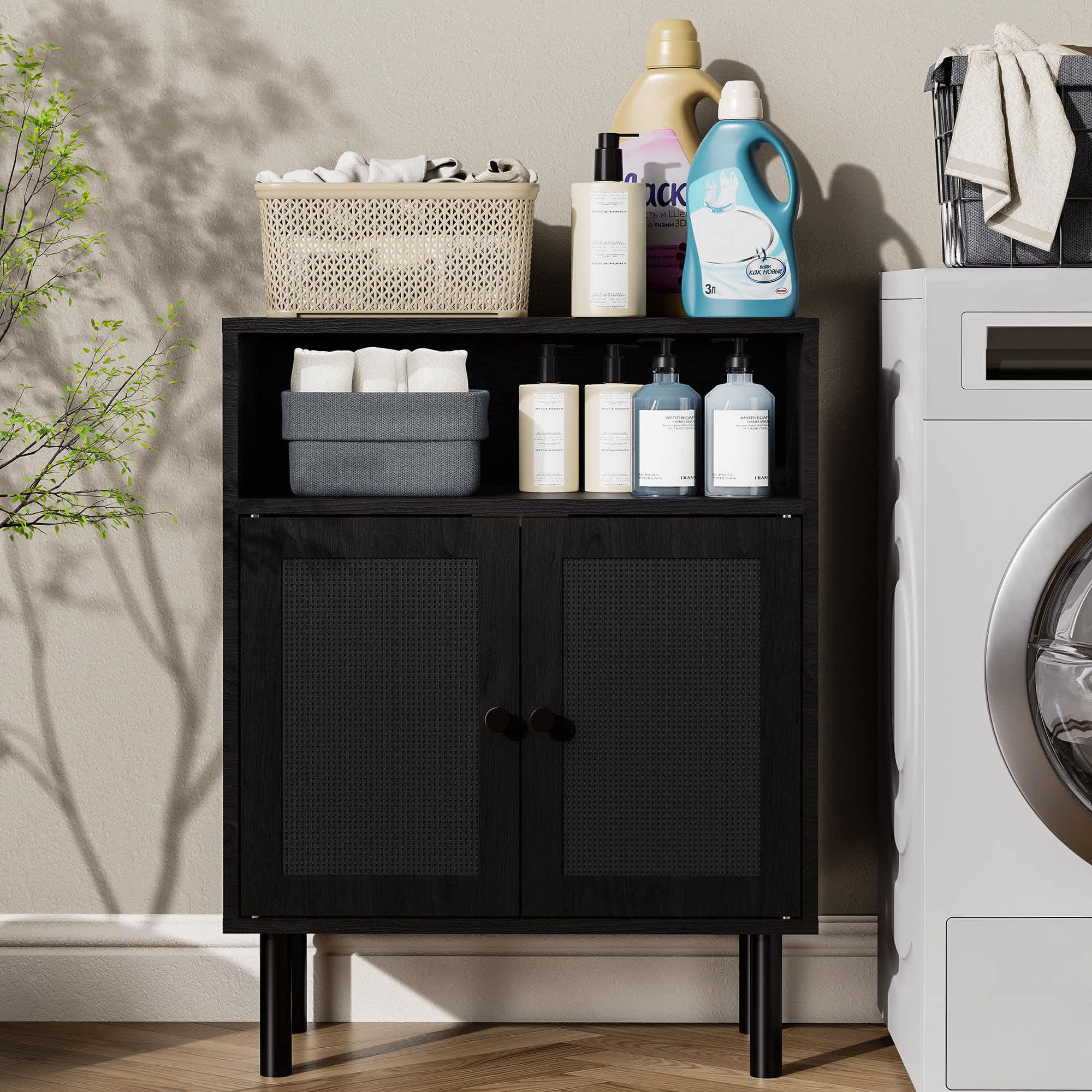Etokfoks Rattan Storage Cabinet Black 32 in H x 11.6 in W x 23.2 in D Double Door Boho Accent Sideboard with Shelves for Hallway Kitchen Entryway 1 Piece - Image 9