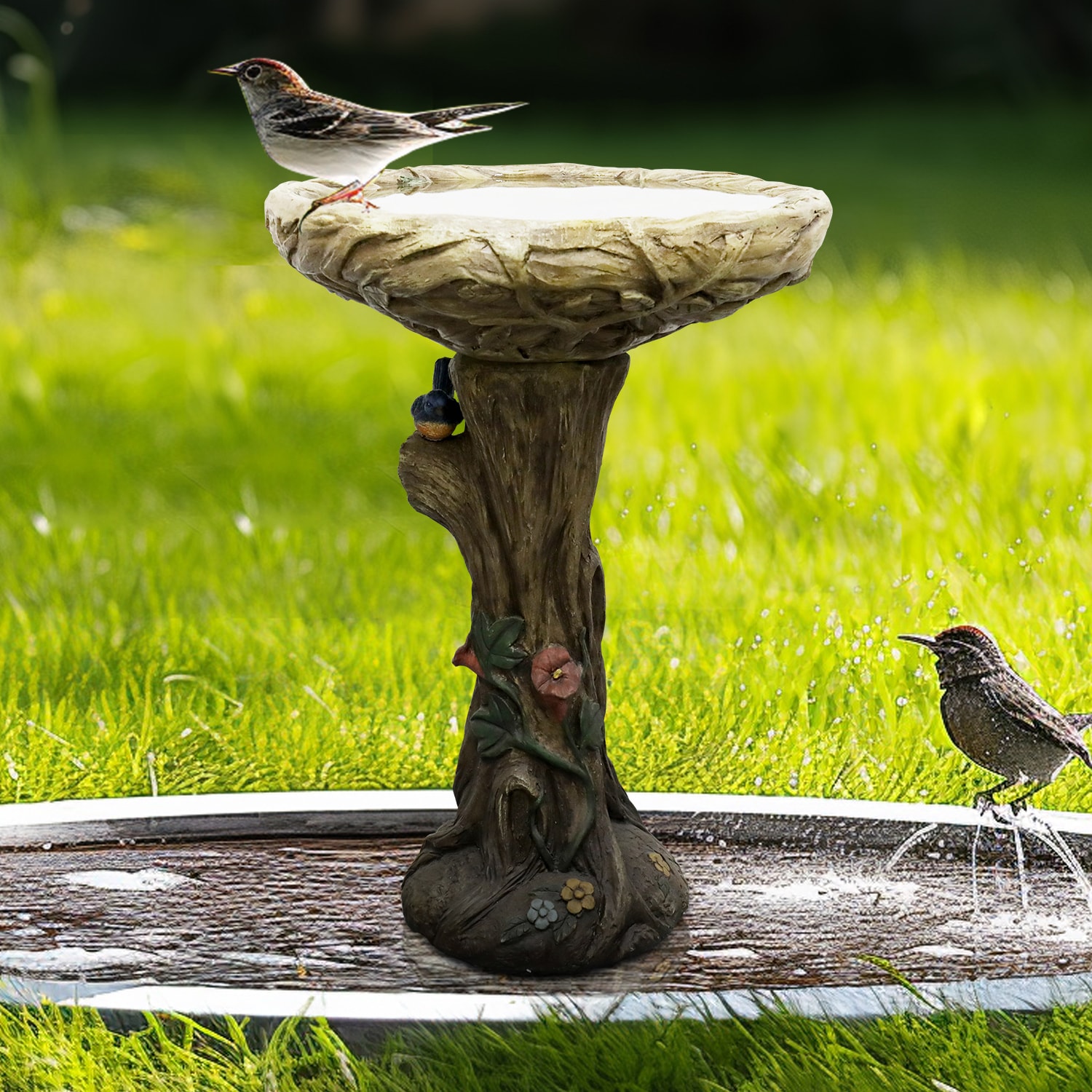 SunJet 25 Inch Heigh WoodLook Concrete Bird Bath with Decorative Faux Bird birdbath Rustic and LongLasting Design Enhances Garden Patio Yard Lawn Decor